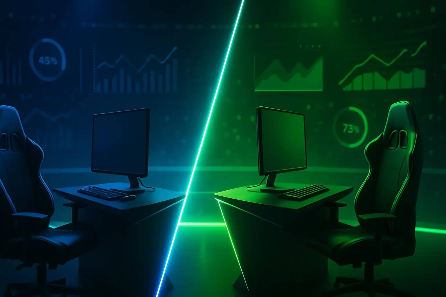 Two esports teams facing off on a competitive stage with prediction market odds displayed on screens