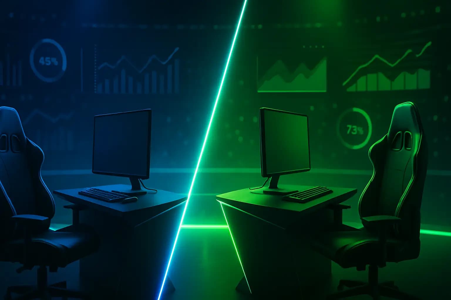 Two esports teams facing off on a competitive stage with prediction market odds displayed on screens