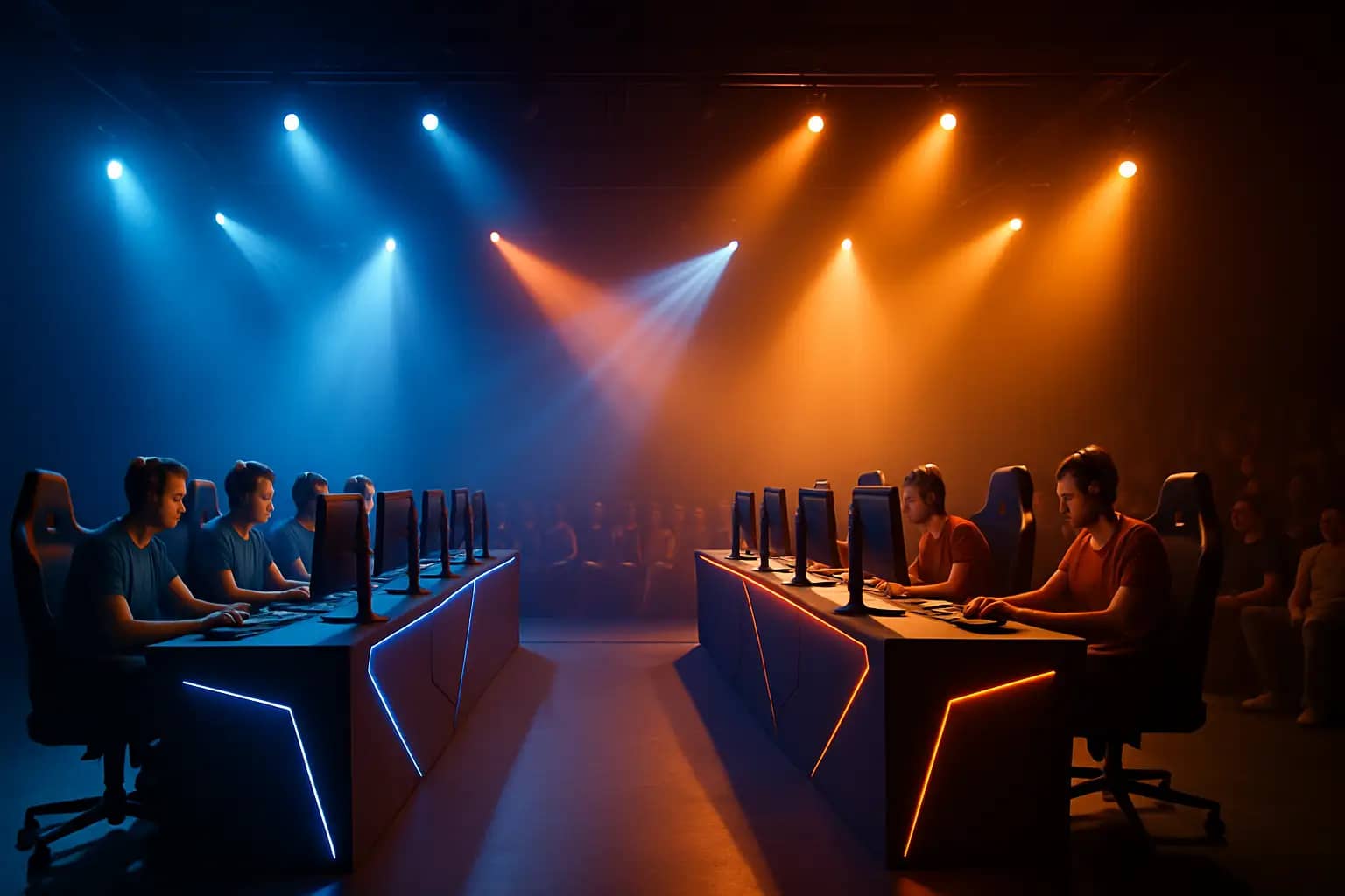 Two esports teams competing on stage under colorful arena lighting during a regional League of Legends tournament