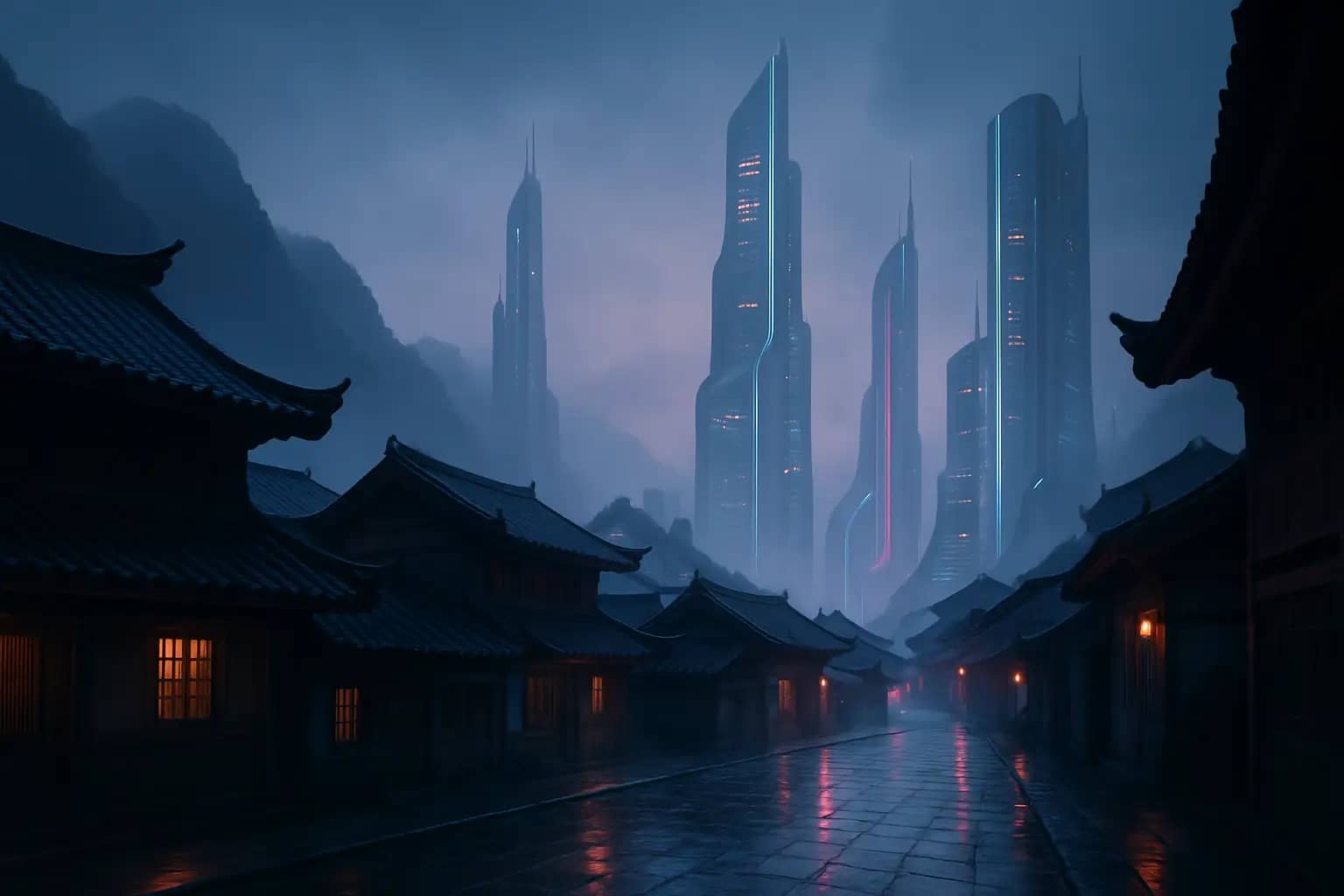 A stylized view of a Chinese-inspired town setting with neon-lit architecture and misty mountain backdrop representing a new esports game map
