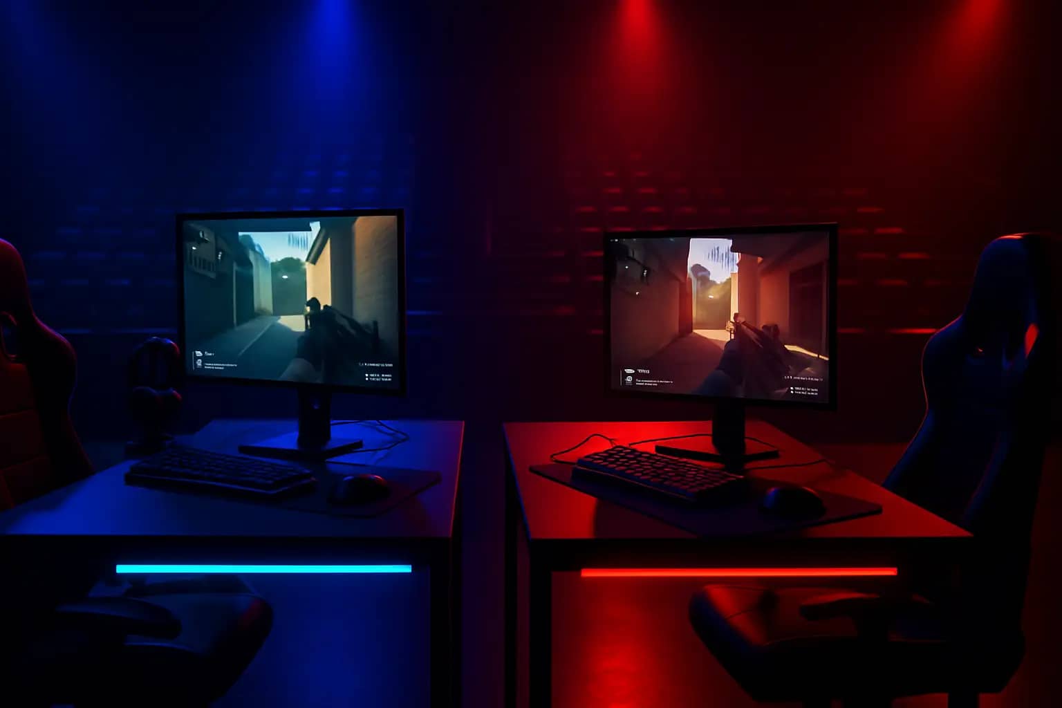 Two esports players competing in a VALORANT match on glowing gaming setups in a darkened arena