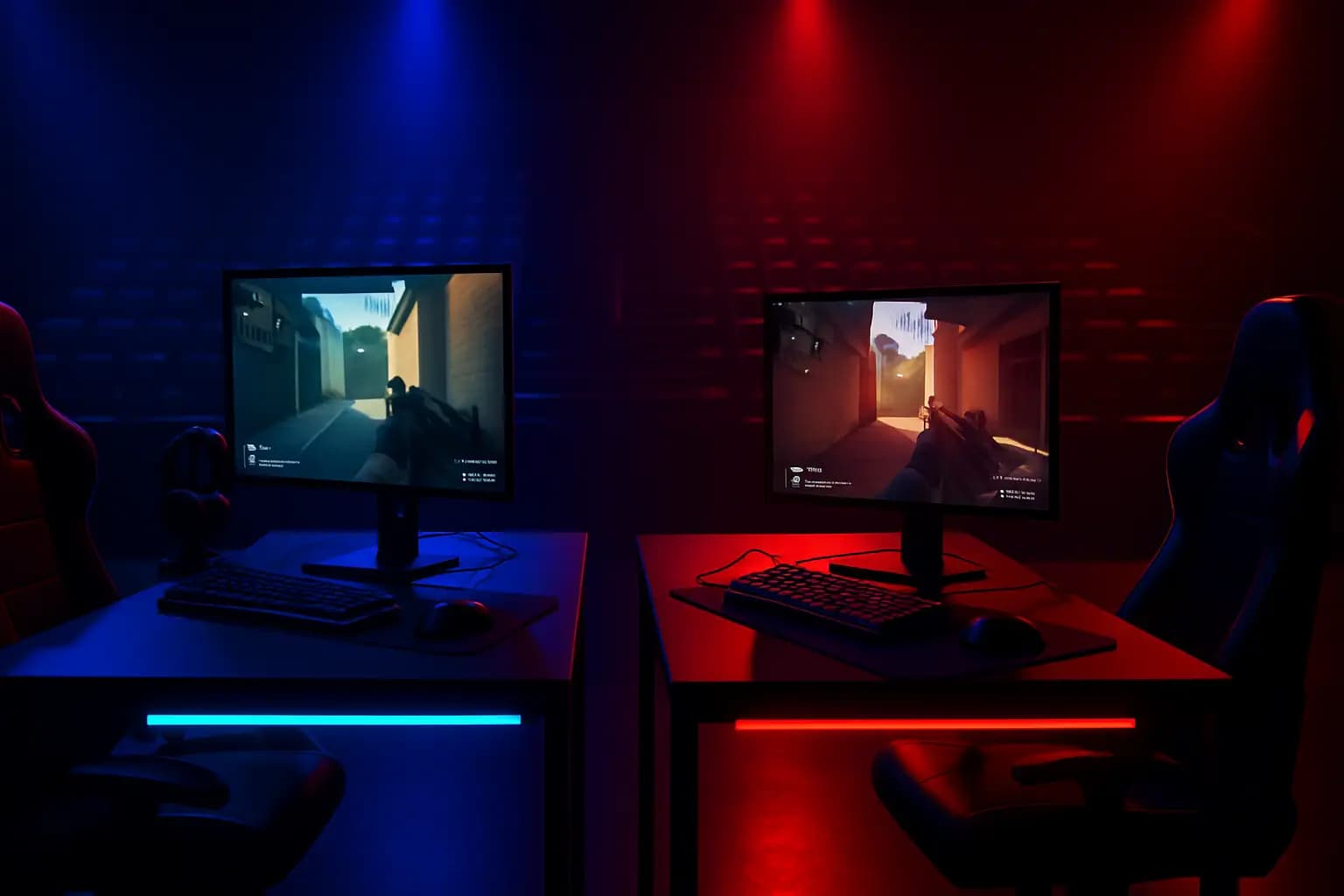 Two esports players competing in a VALORANT match on glowing gaming setups in a darkened arena