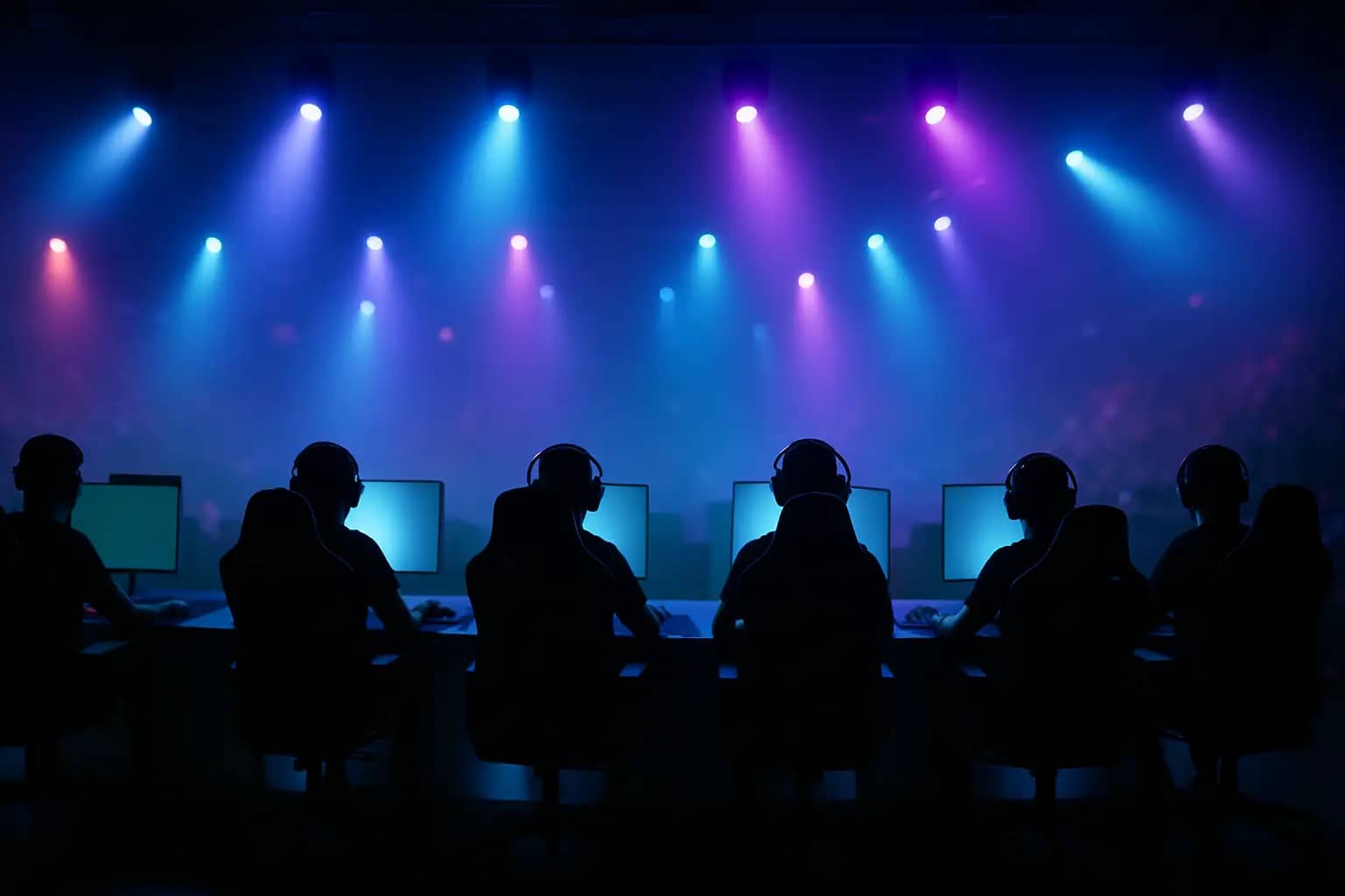 CS esports players competing on stage under dramatic arena lighting