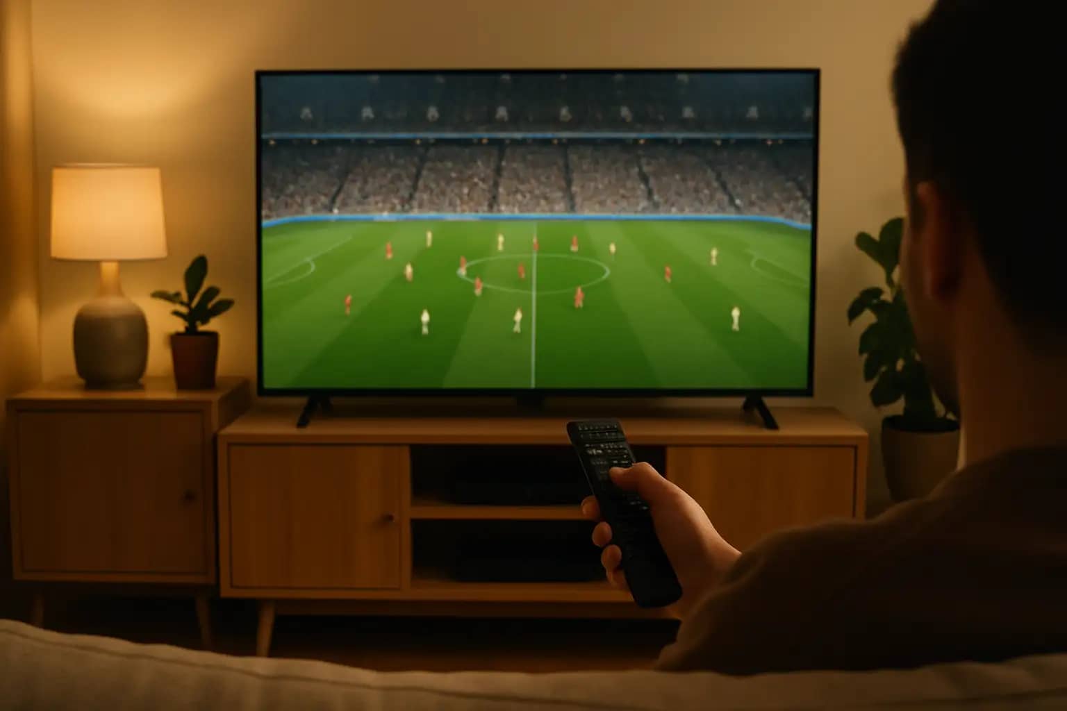 A fan watching the 2026 FIFA World Cup on a large screen TV at home
