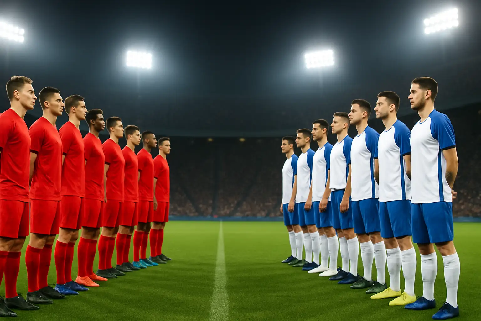 Football players from two national teams standing on a pitch before a major international tournament