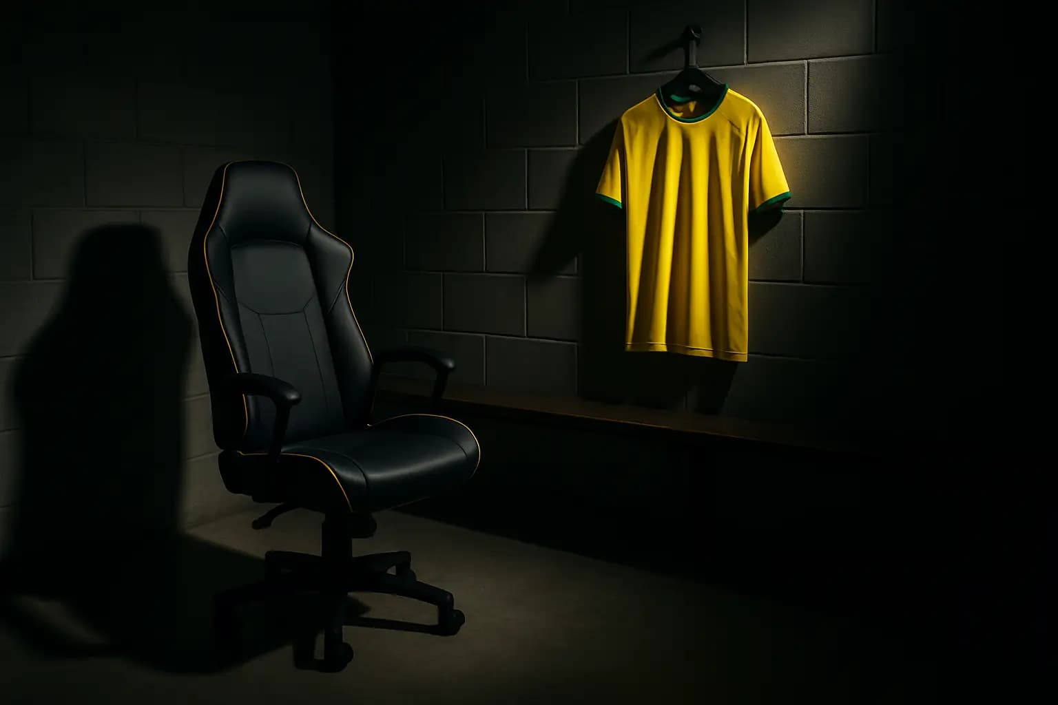 Brazil football jersey hanging in a locker room with an empty coaching chair in the foreground