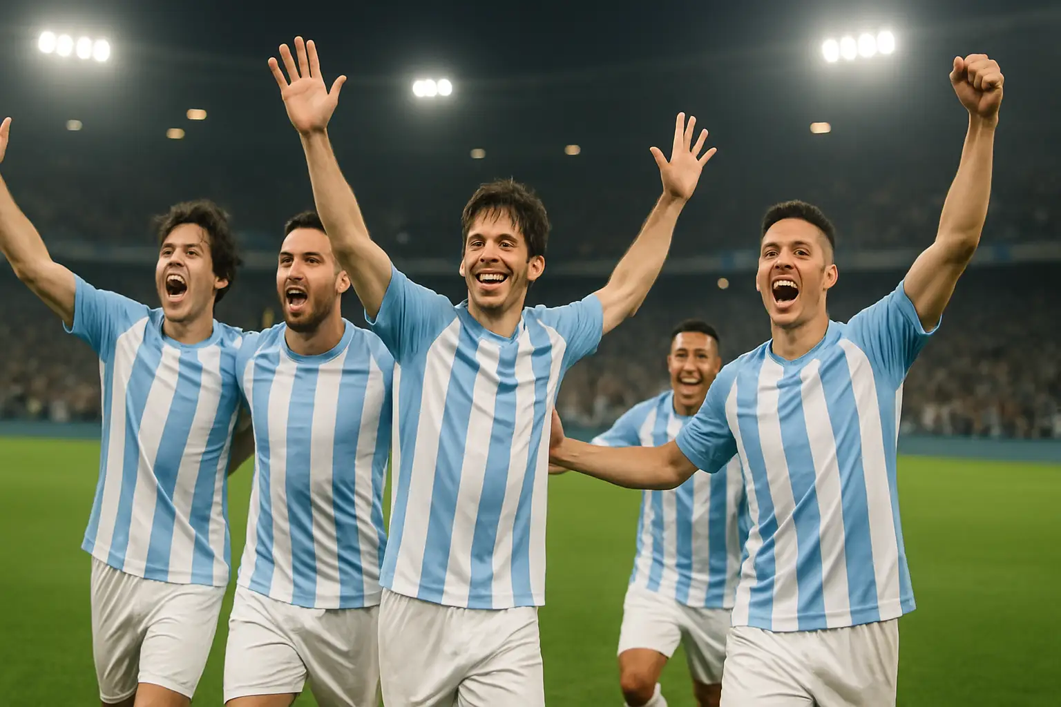 Argentina football players celebrating a goal during an international match