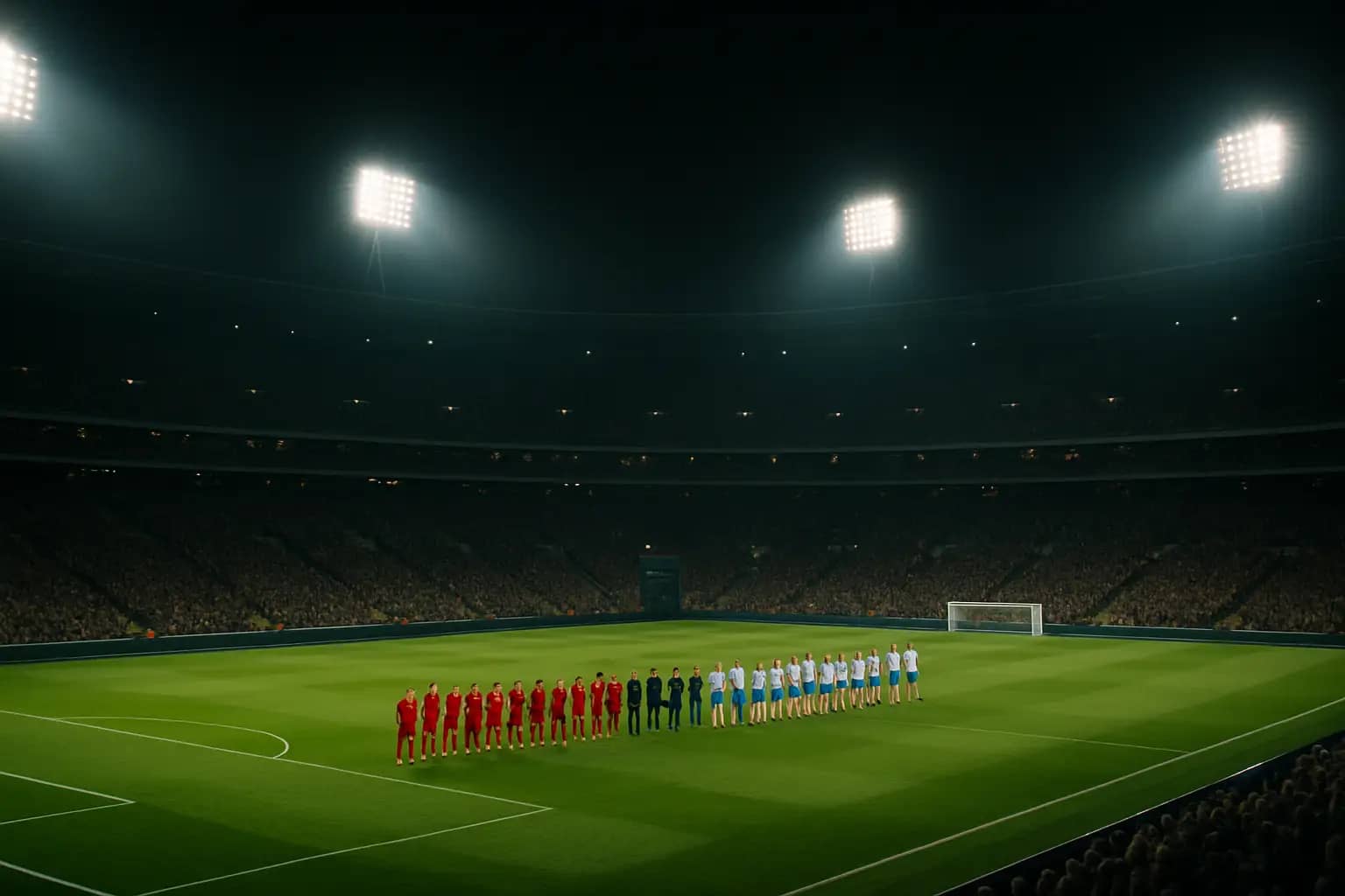 Football stadium at night with a packed crowd during a major international match