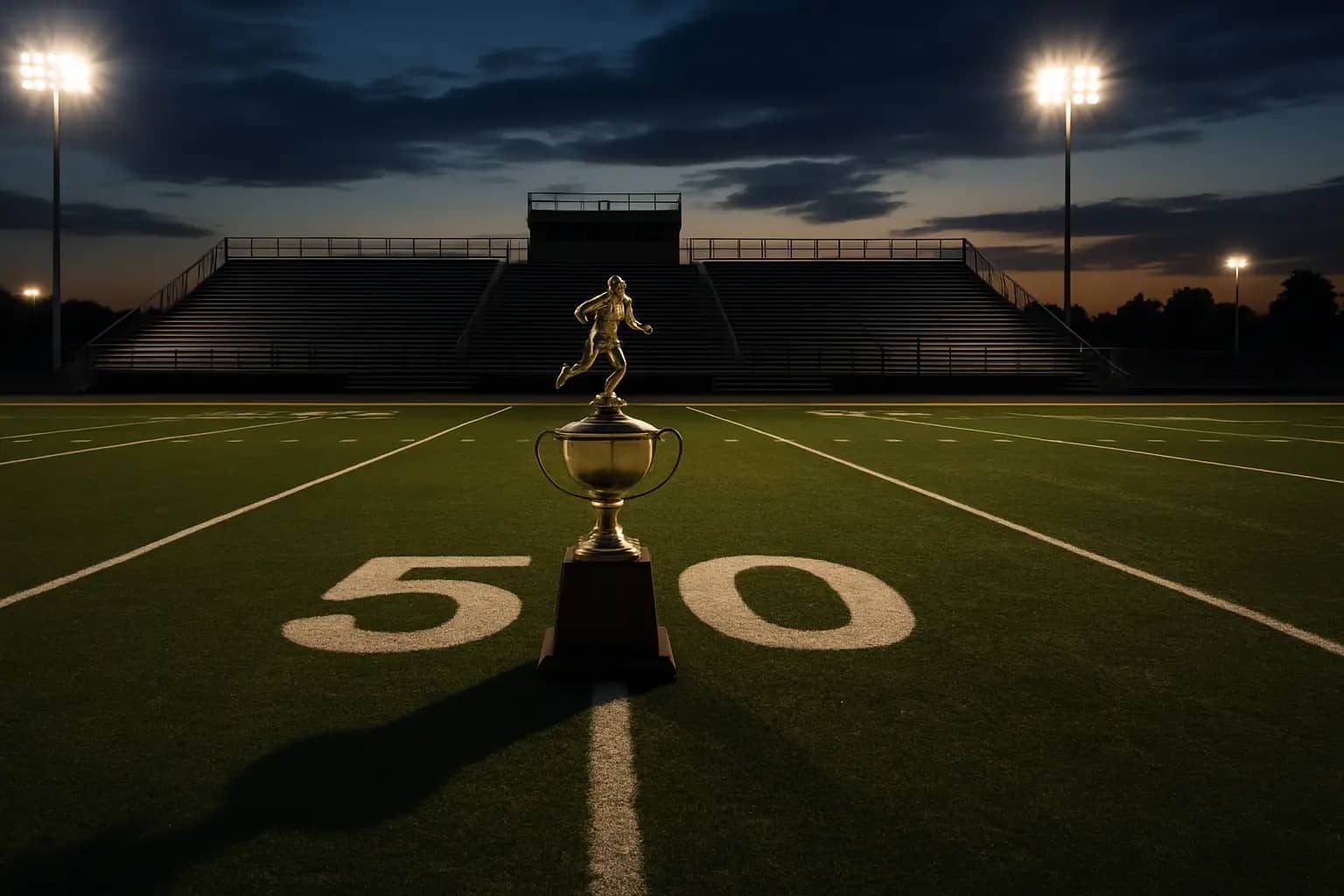 High school football players gathered on a field after a championship game, helmets in hand