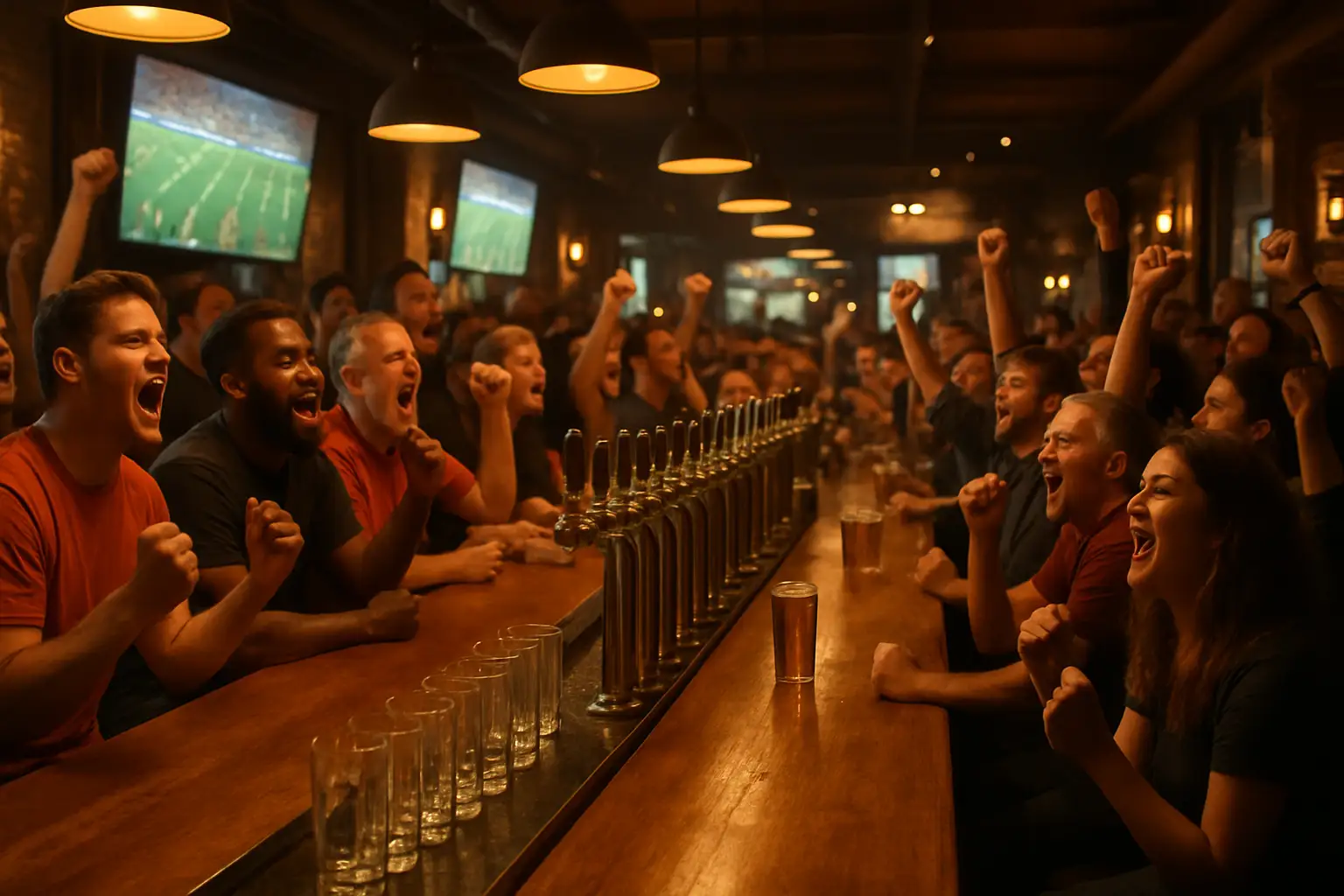 A crowded pub bar with rows of beer taps and full glasses on the counter