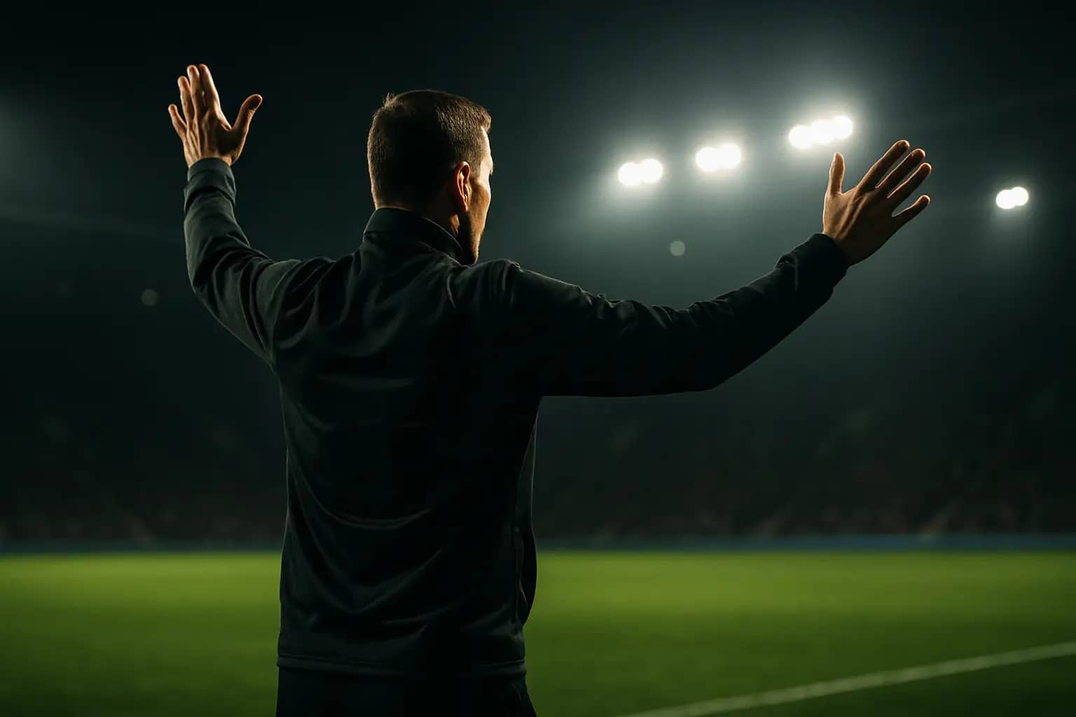 A football coach stands on a pitch sideline gesturing to players during a match