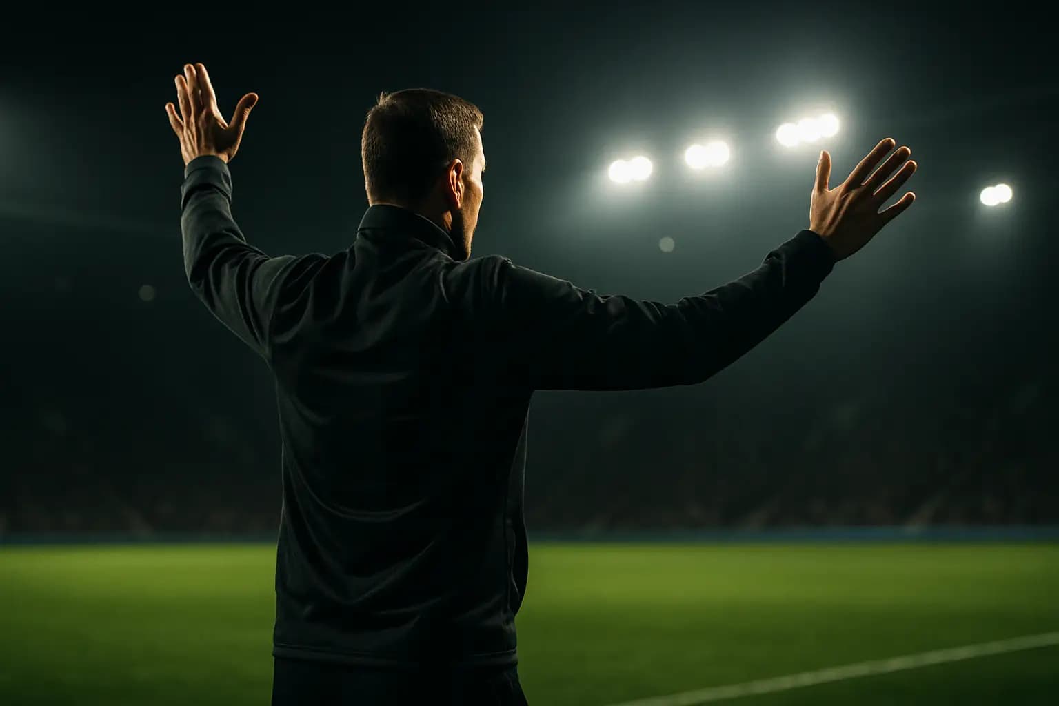 A football coach stands on a pitch sideline gesturing to players during a match