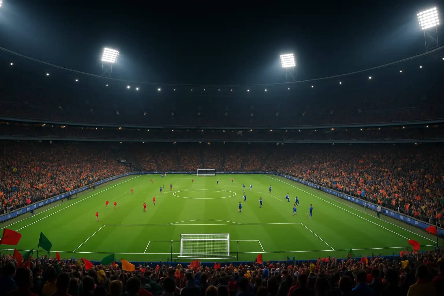 A football stadium filled with fans under bright floodlights on match night
