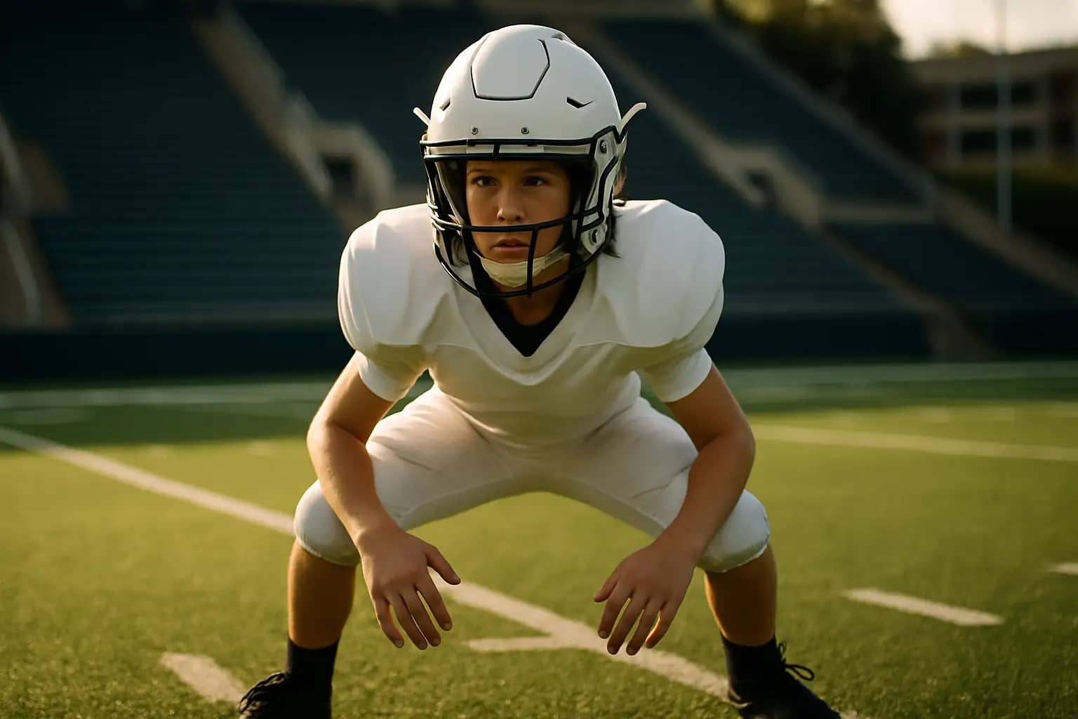 A football player in a linebacker stance on a college football field during a recruiting visit
