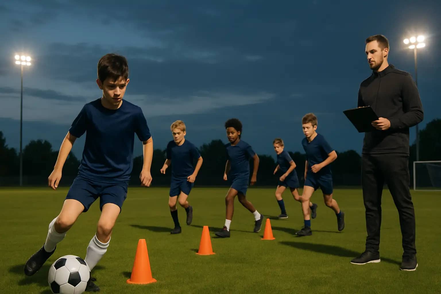 Young football players training on a green pitch under bright stadium lights while a coach watches from the sideline with a clipboard