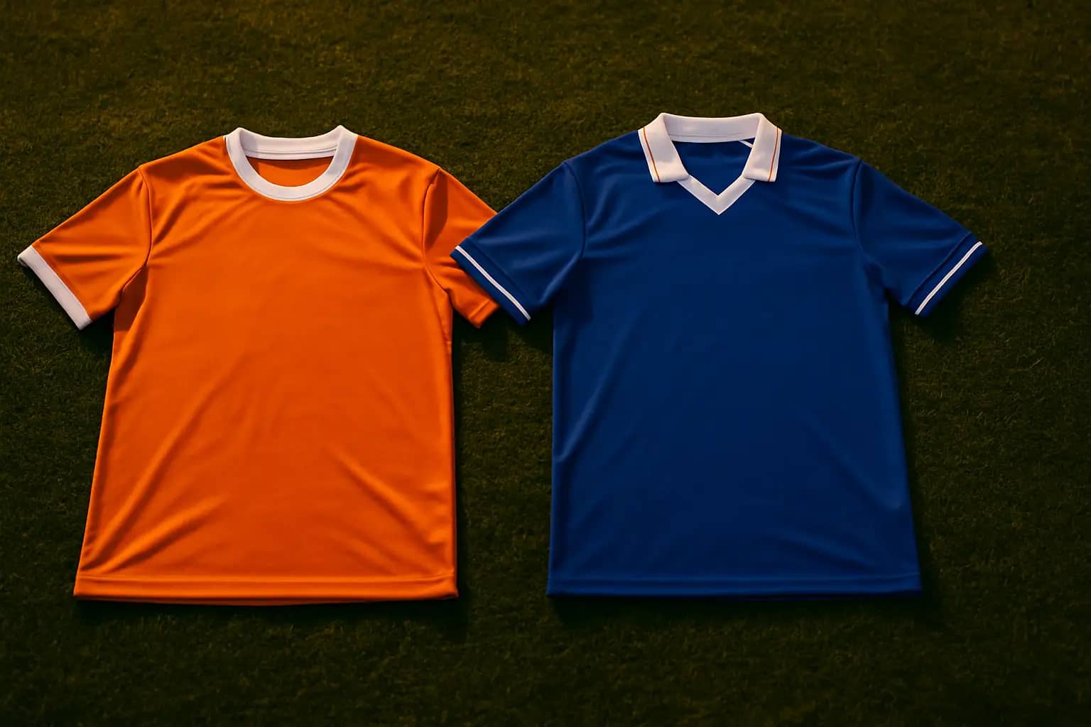 Two football jerseys representing Colombia and Portugal laid side by side on a green pitch