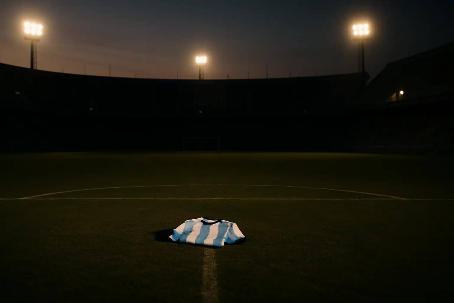Empty football pitch at dusk with a single jersey laid on the grass in tribute