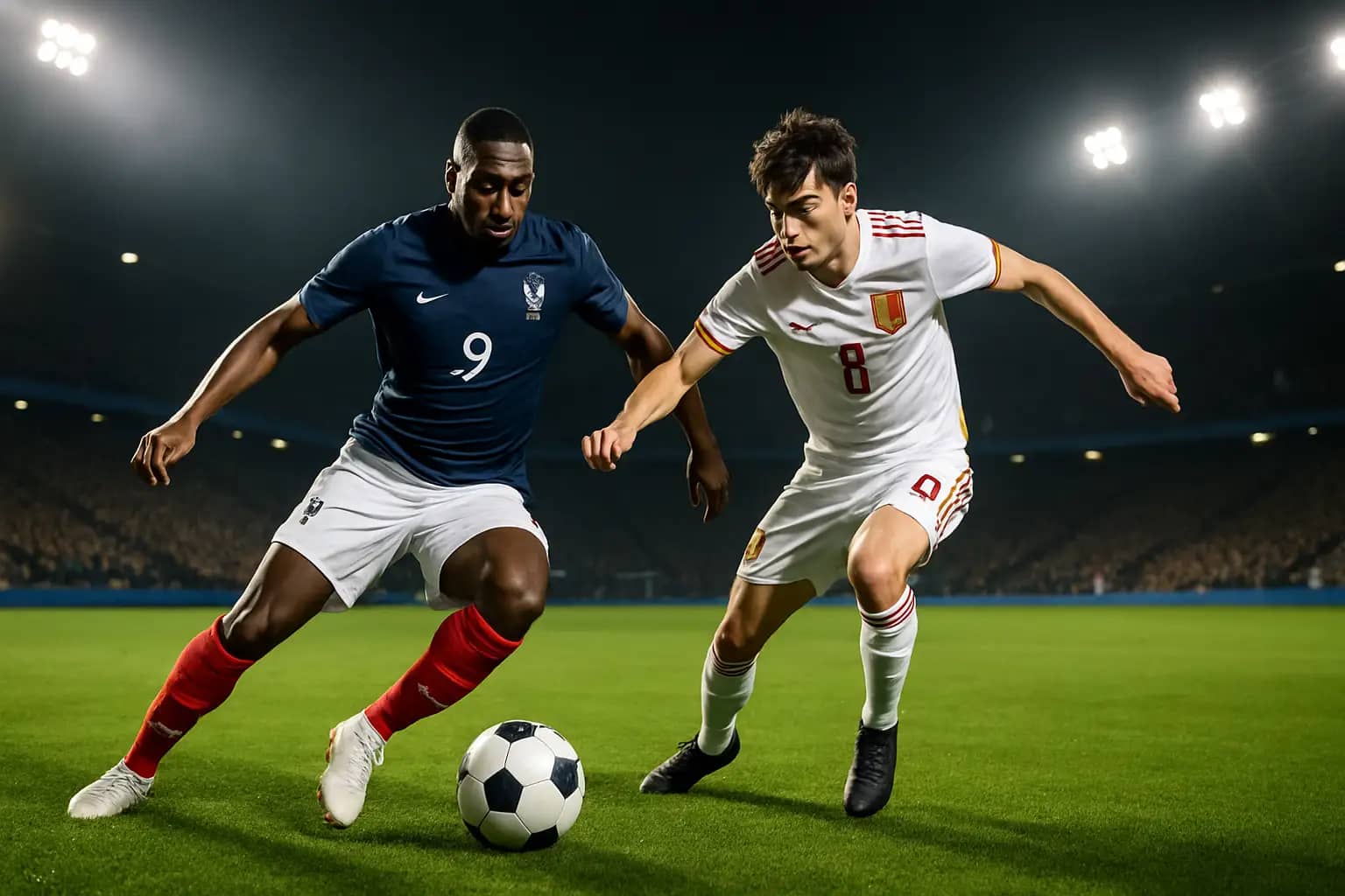 Australian and Brazilian football players competing for the ball on an international pitch