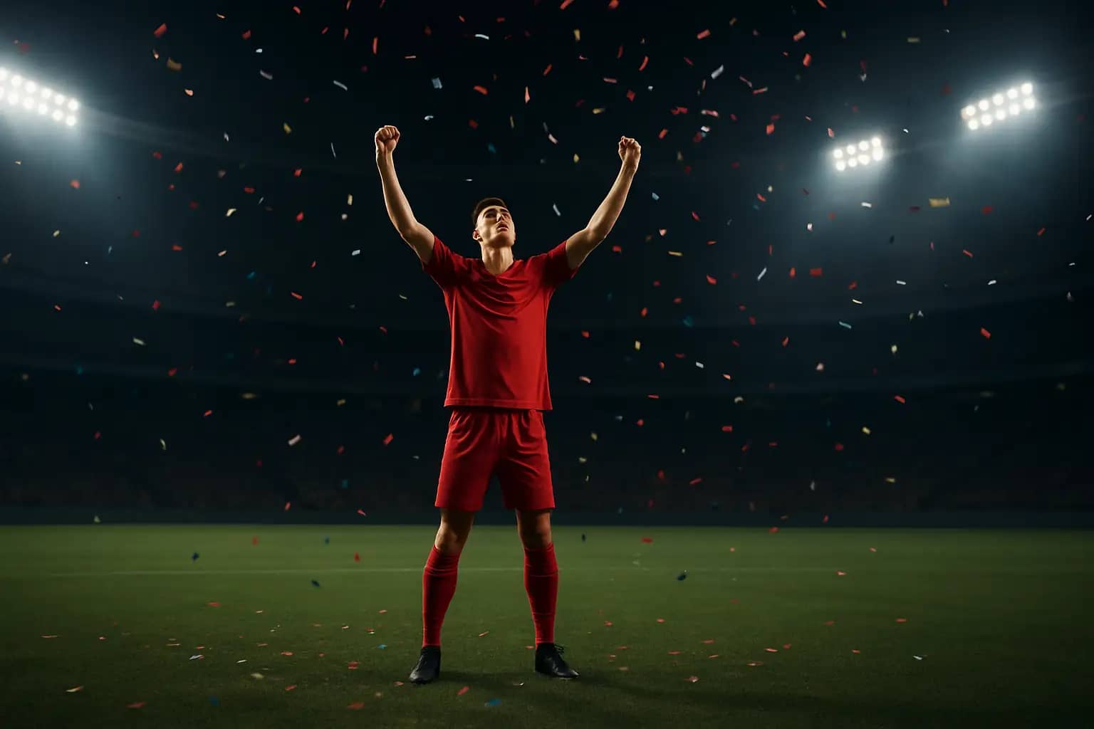 Cristiano Ronaldo celebrating a milestone moment on a floodlit football pitch