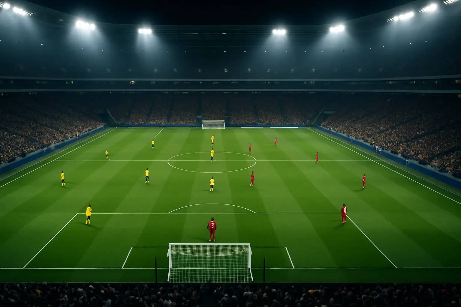 Football players competing in a World Cup group stage match under bright stadium lights