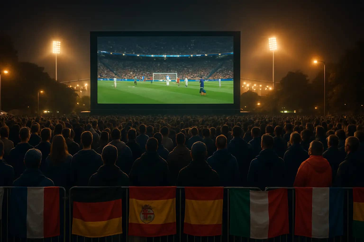 Football fans watching a World Cup match on a large screen in a packed stadium