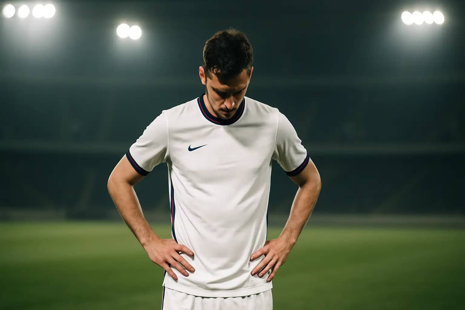 An England footballer in national kit standing alone on a pitch, head down, after a difficult moment in a match
