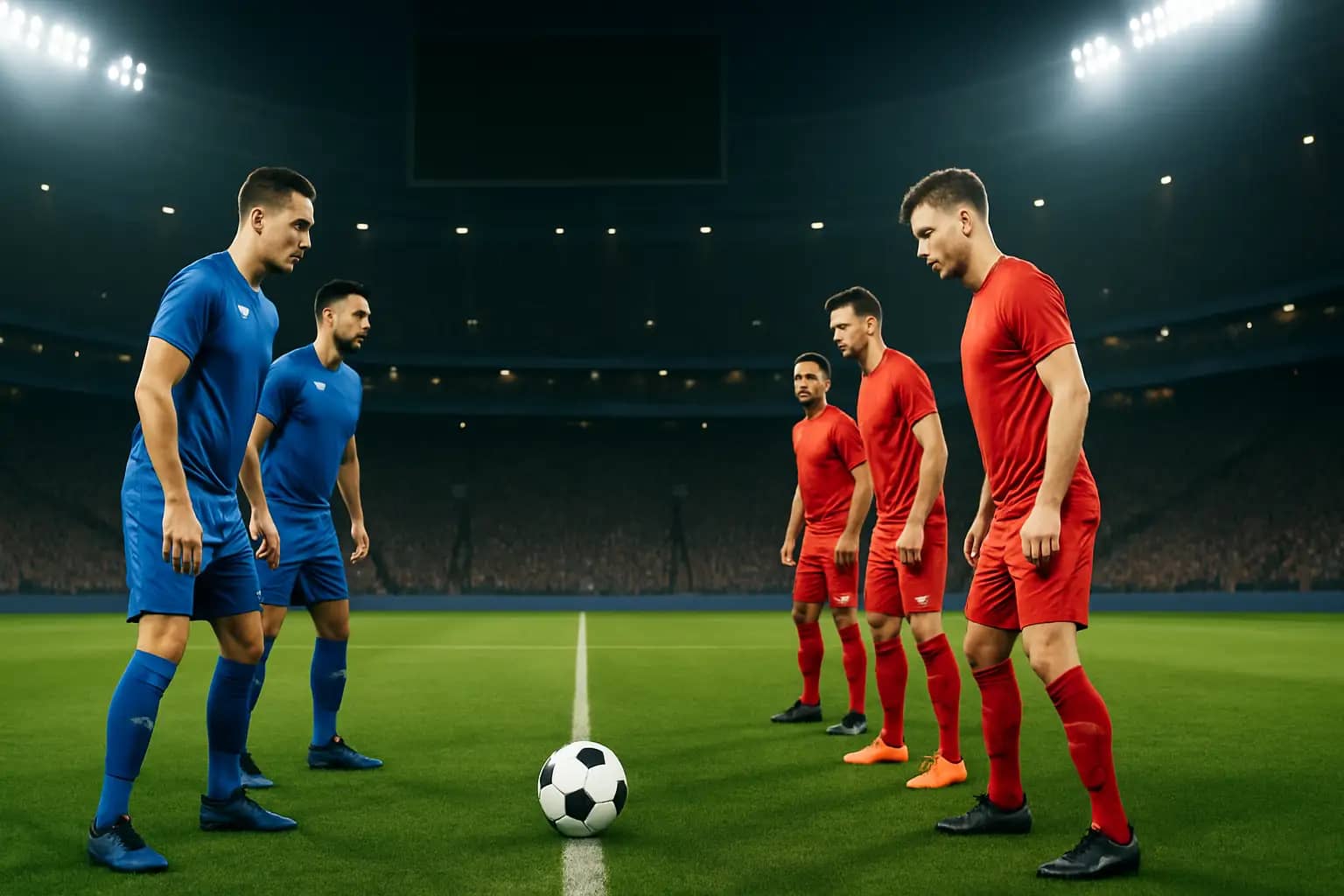 England and Mexico football players competing on a World Cup stadium pitch