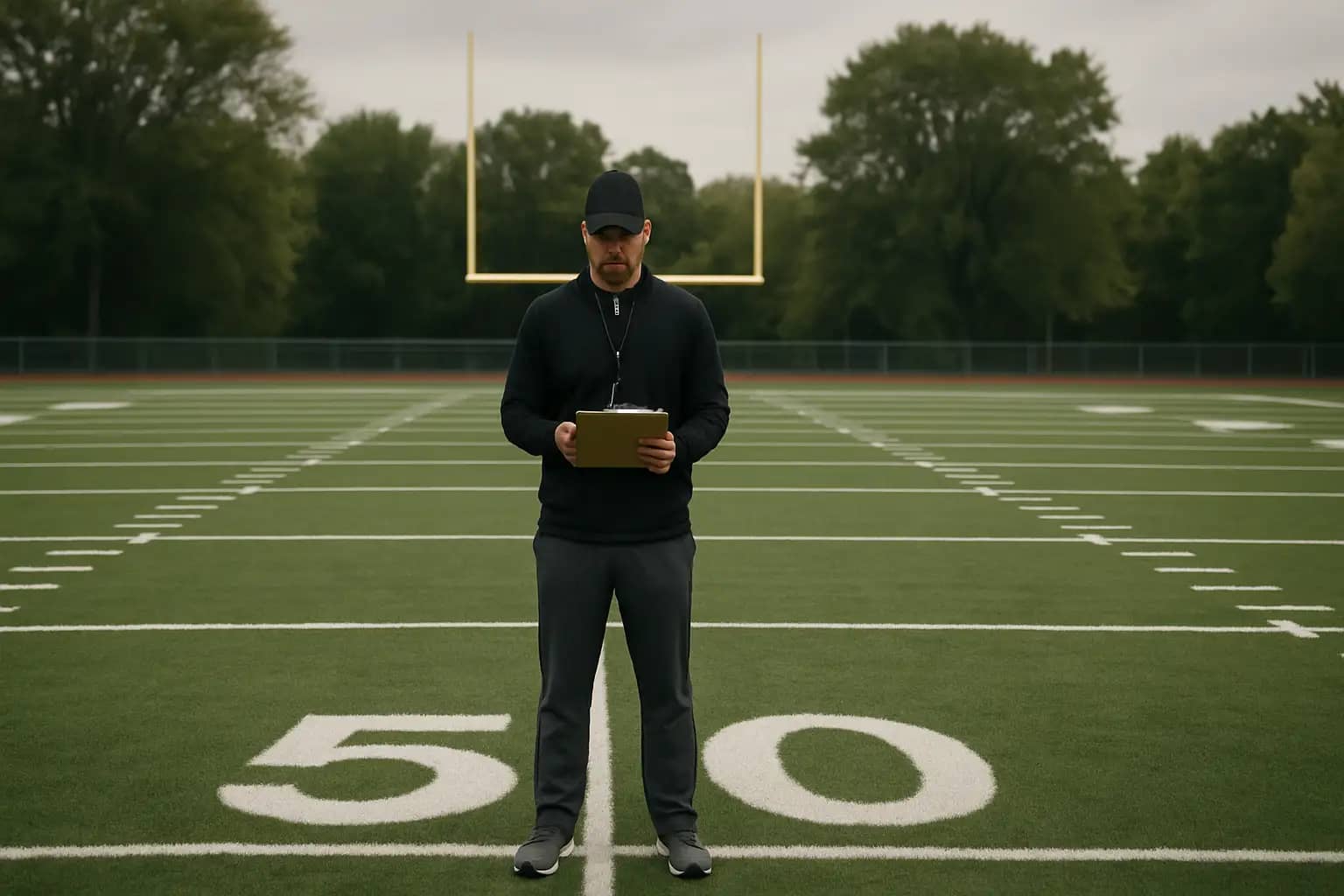 A football coach stands on a high school football field during practice, clipboard in hand