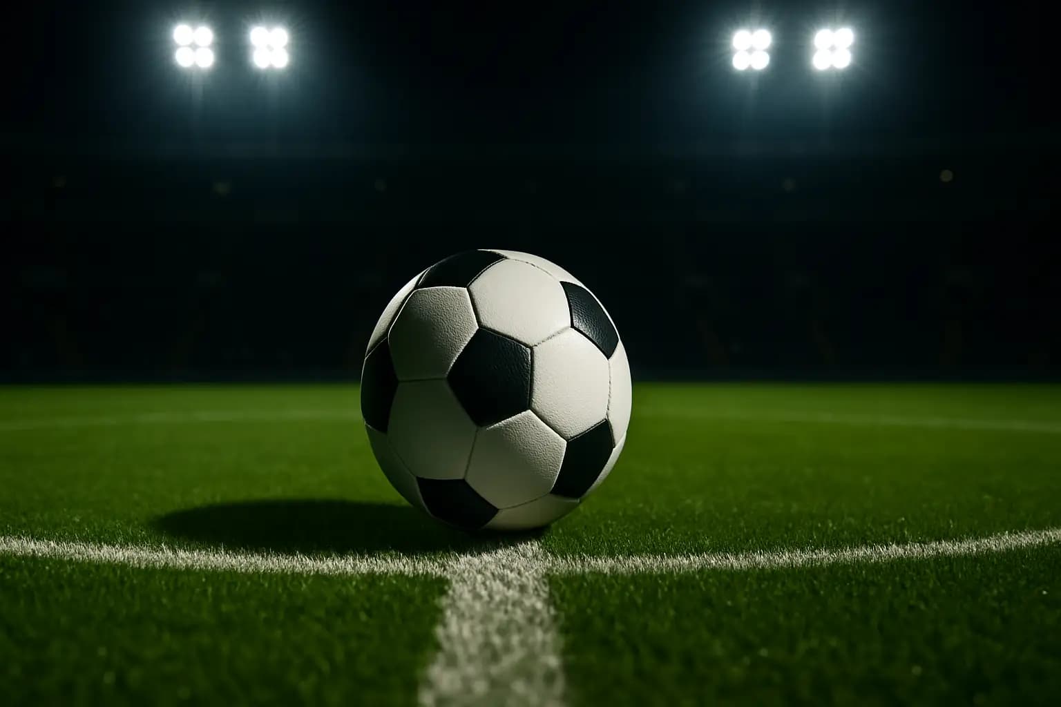 A football on a pitch with stadium floodlights illuminating the field ahead of an international match