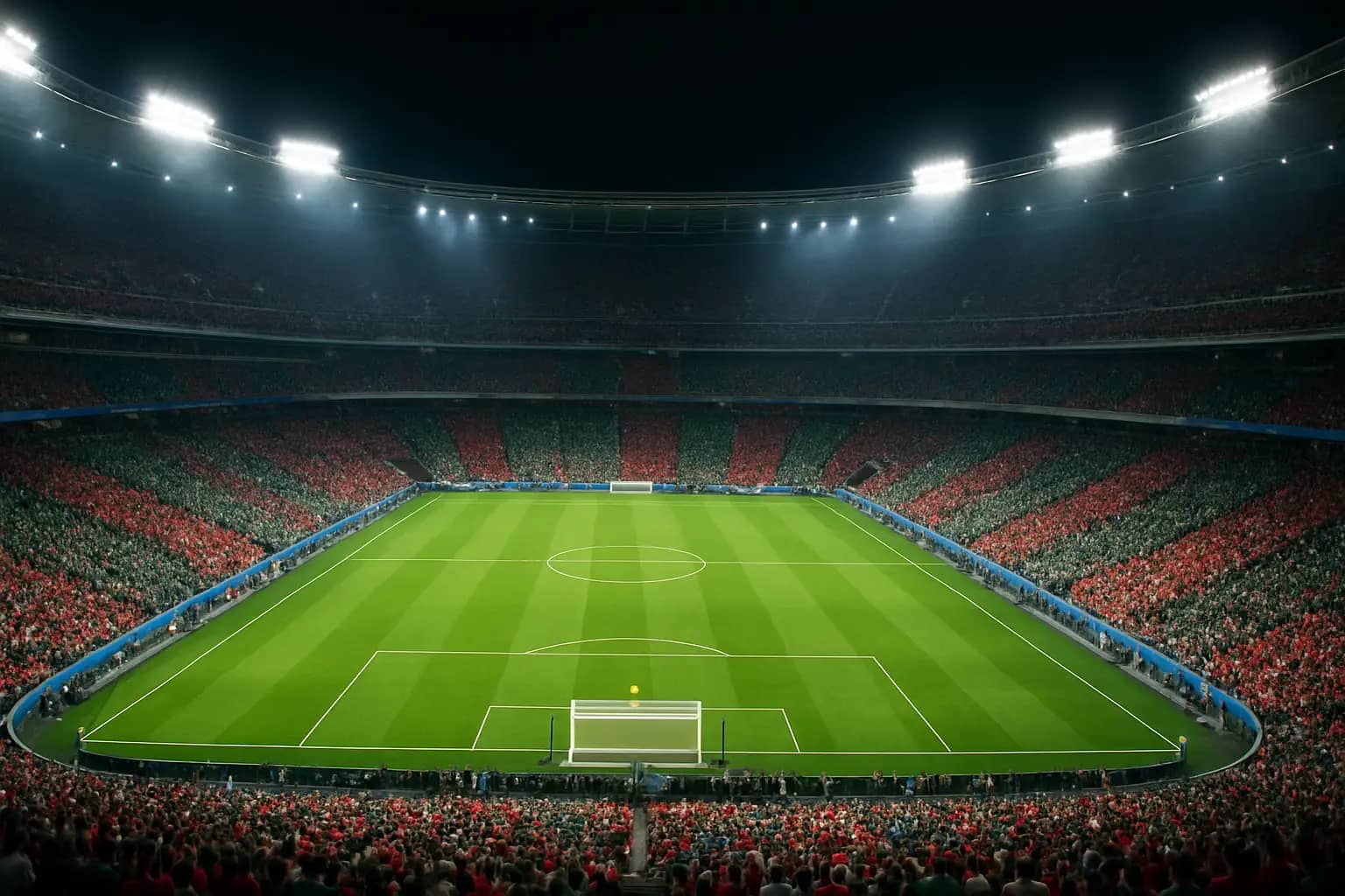 A packed football stadium at night with colorful fan sections during a World Cup match