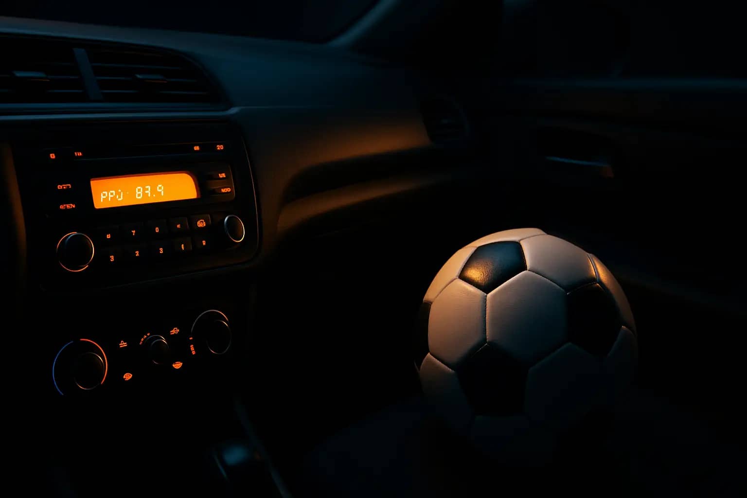 A car radio glowing at night with a soccer ball visible through the windshield