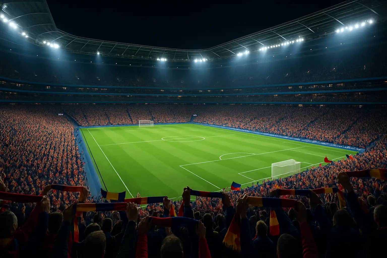 Stadium lights illuminate a packed football arena during a World Cup match at night