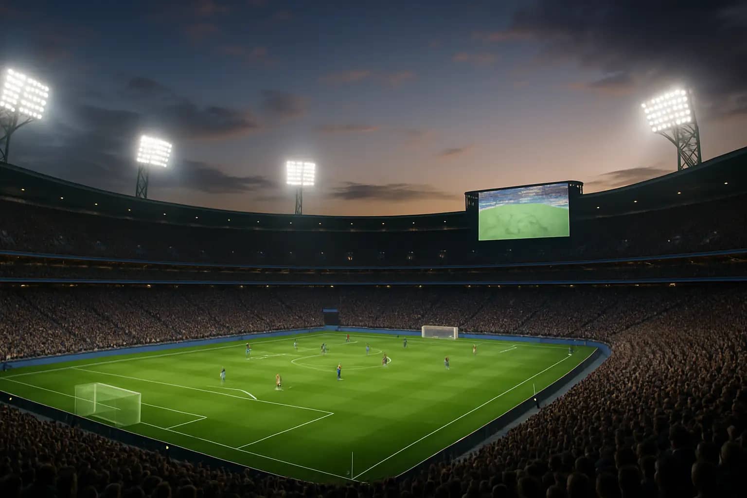 A large stadium screen displaying a live football match broadcast during the FIFA World Cup 2026