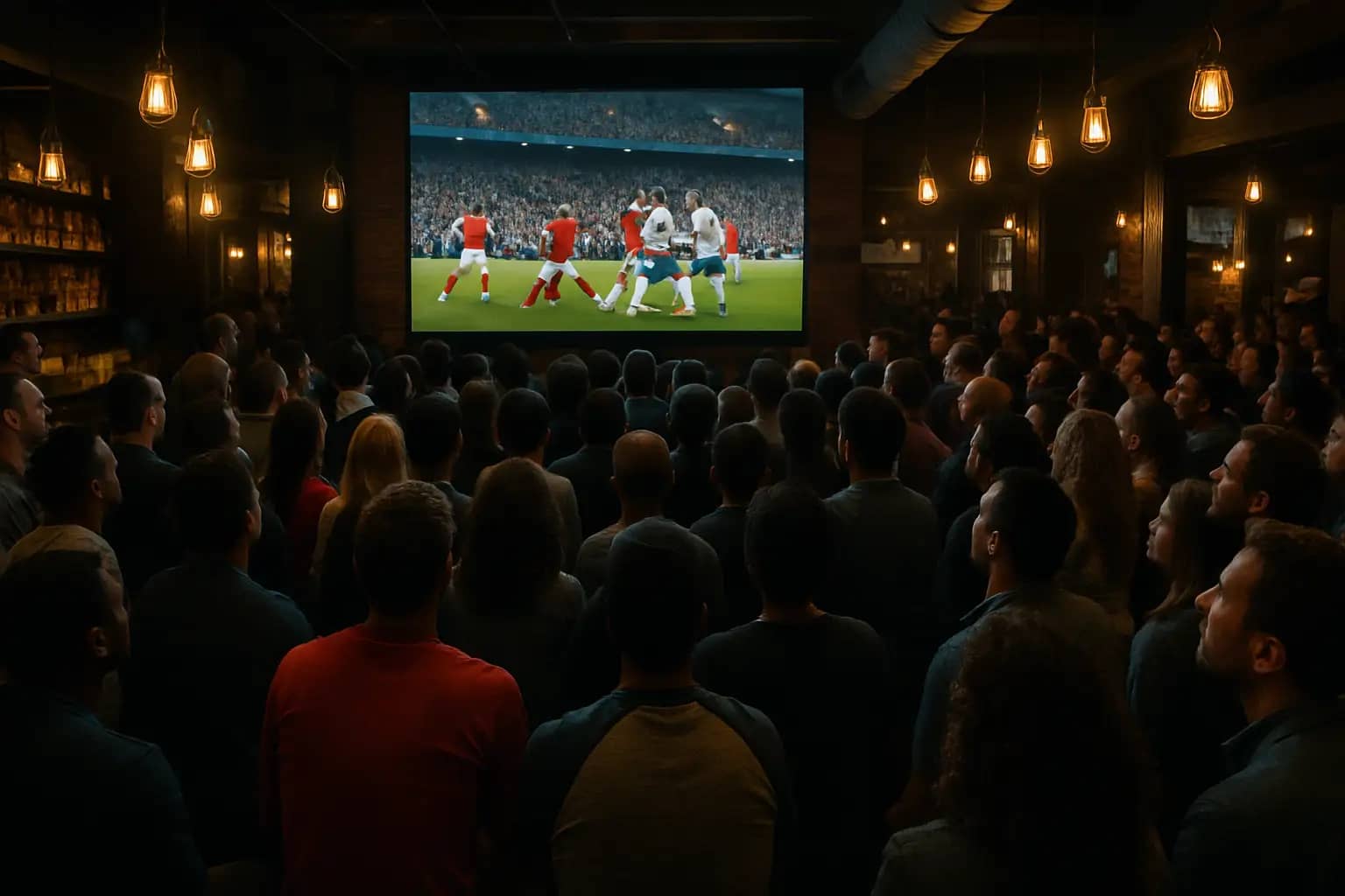 A large crowd of football fans watching a match on a big screen inside a packed stadium