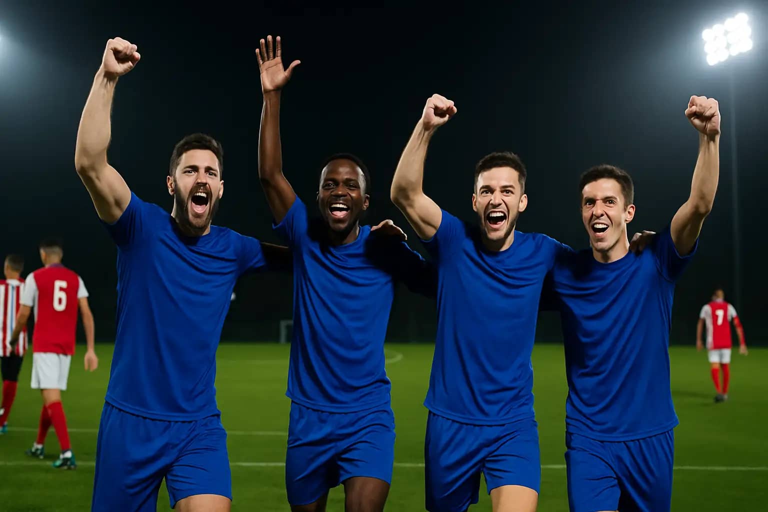 France football players celebrating after defeating Paraguay to reach the quarter-finals