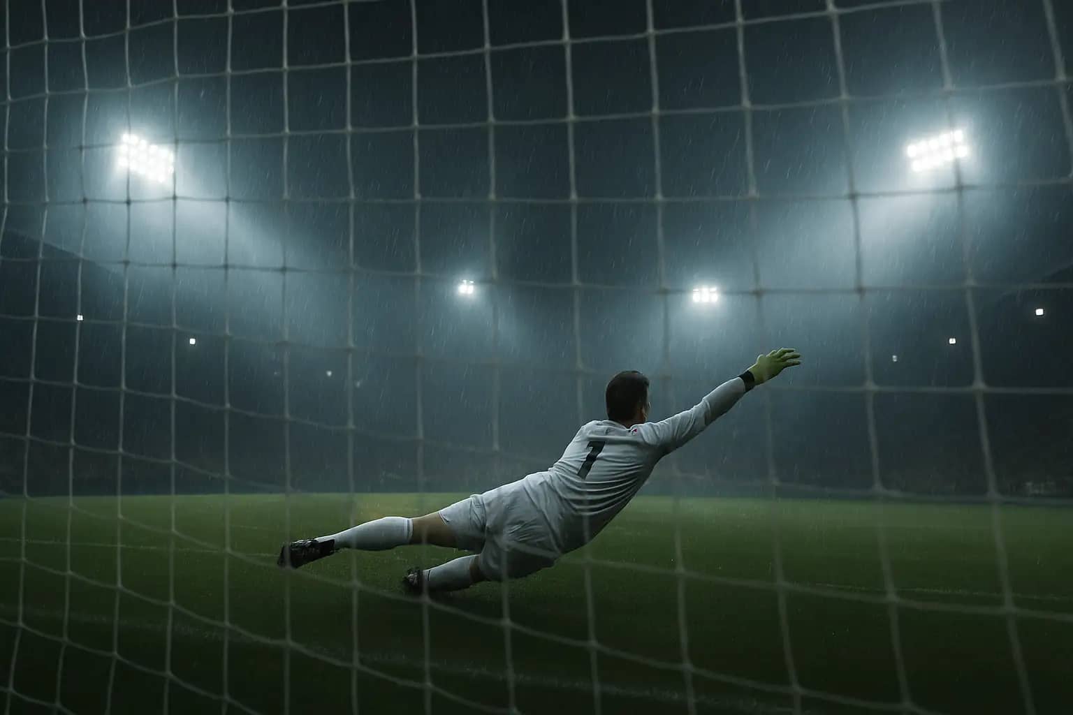 A goalkeeper diving during a penalty shootout at a major football stadium