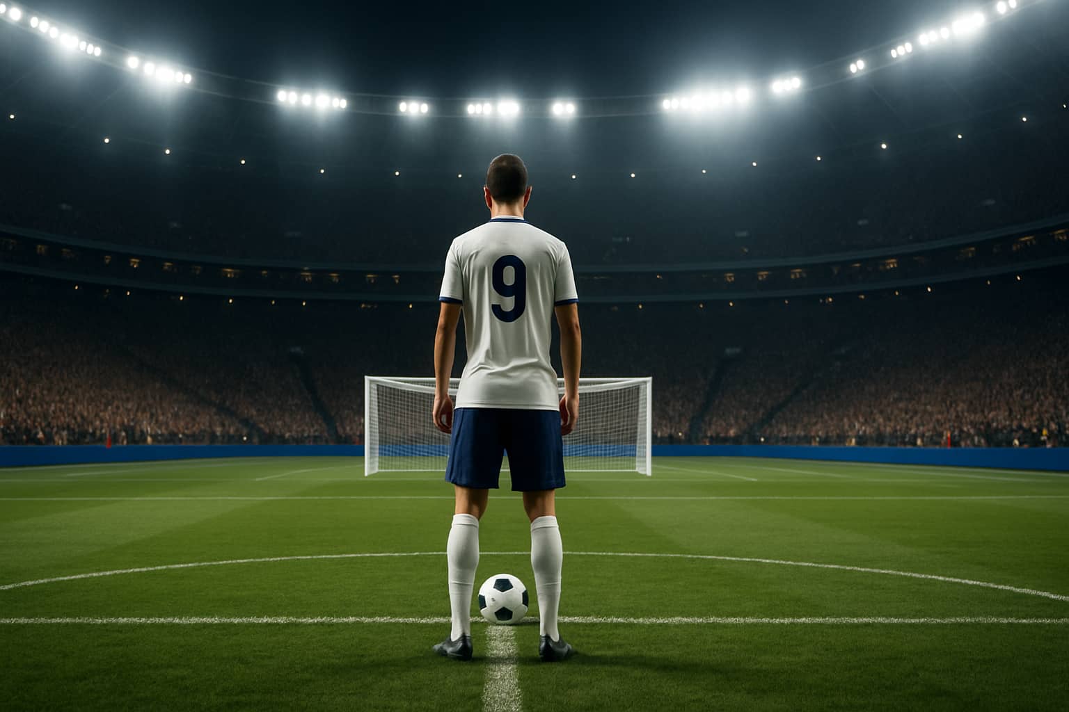 A footballer in a white England kit prepares to take a penalty kick in a packed World Cup stadium