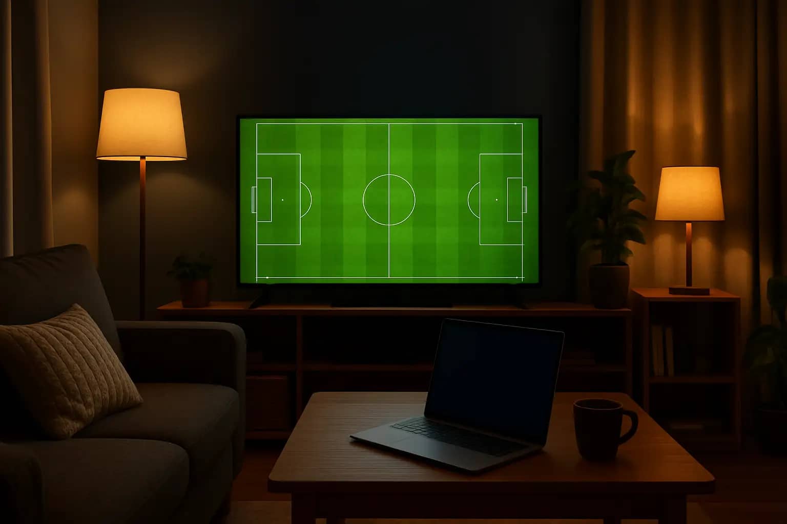 A person watching a soccer match on a laptop and television at home