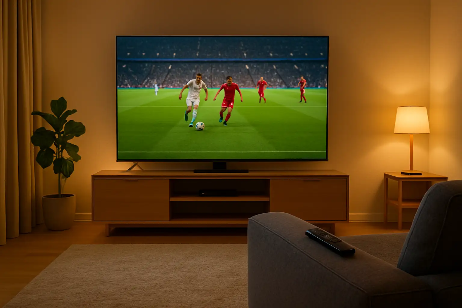 A television screen showing a live football match broadcast in a living room setting