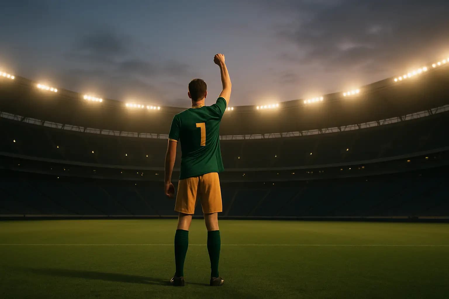 Australian footballer raising fist in celebration on an international pitch