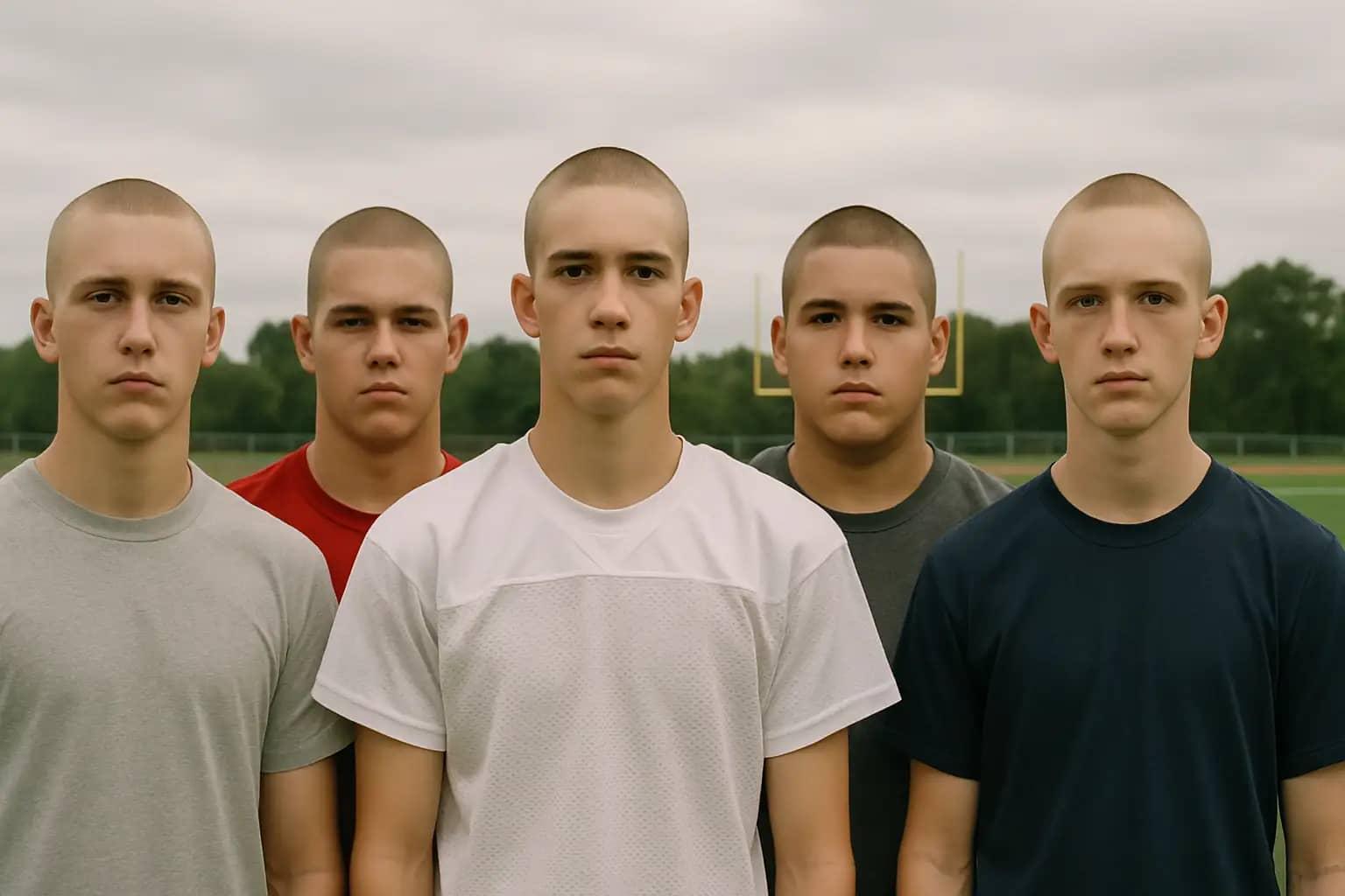 High school football players standing together with shaved heads on a practice field