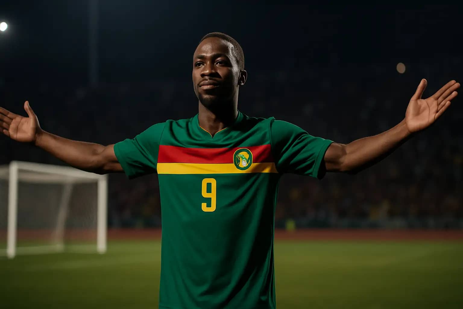 A football player in a yellow and green kit celebrates a goal on an international stage