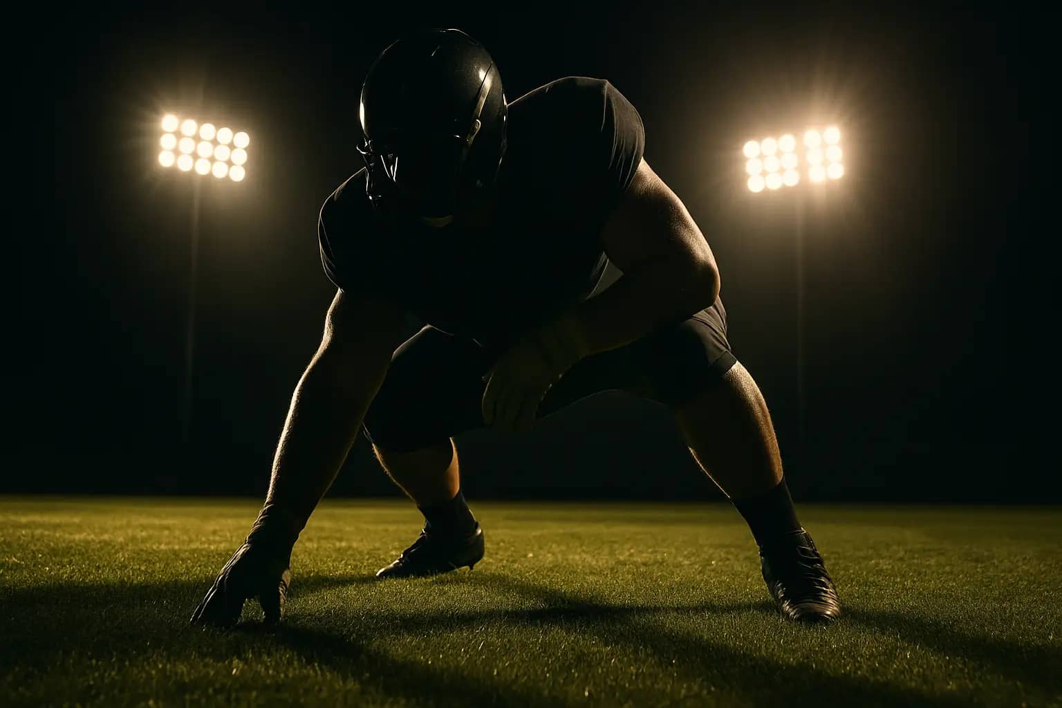 An NFL offensive lineman in a three-point stance preparing to snap the ball at the line of scrimmage