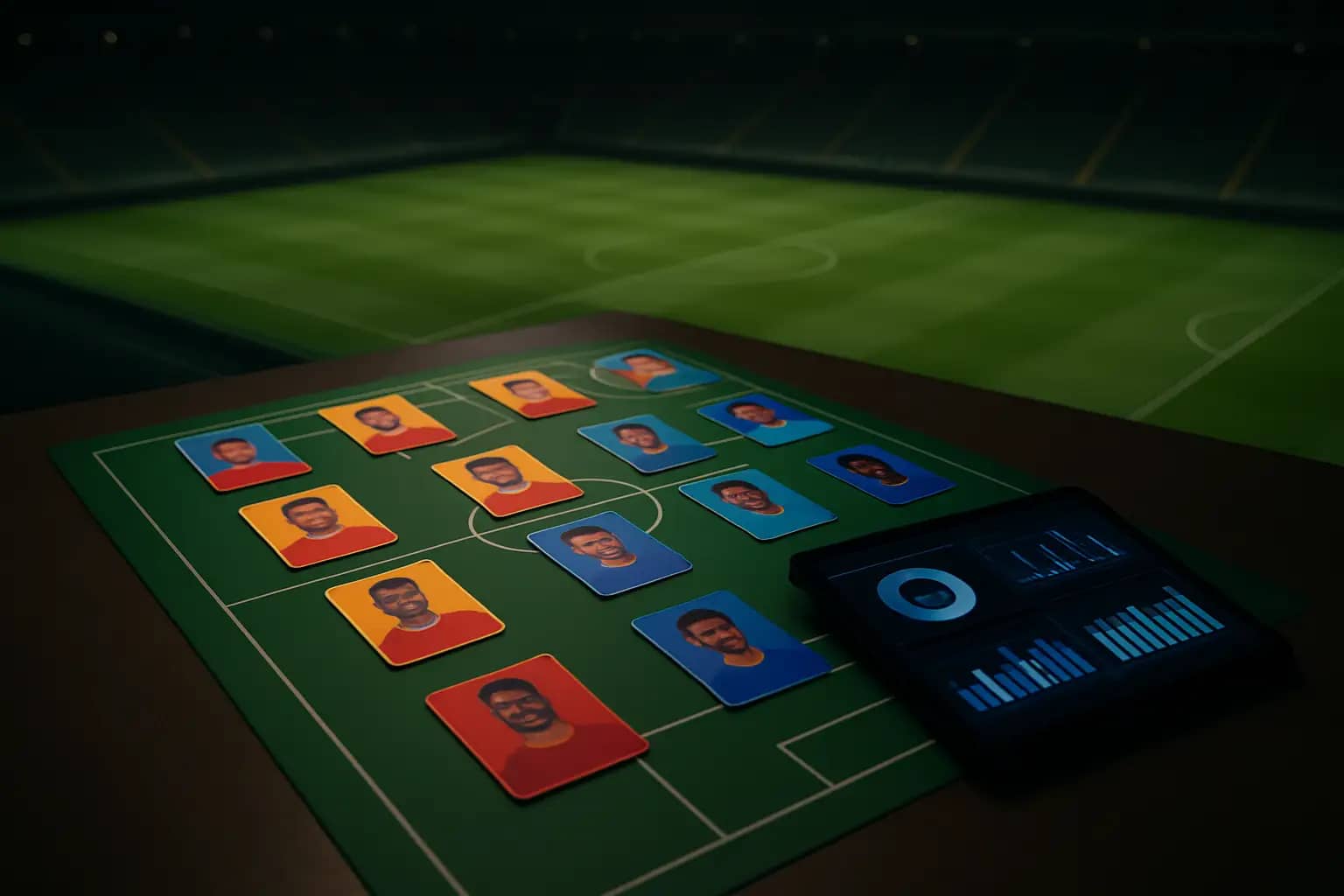 Fantasy football draft board with player cards spread across a table under stadium lighting