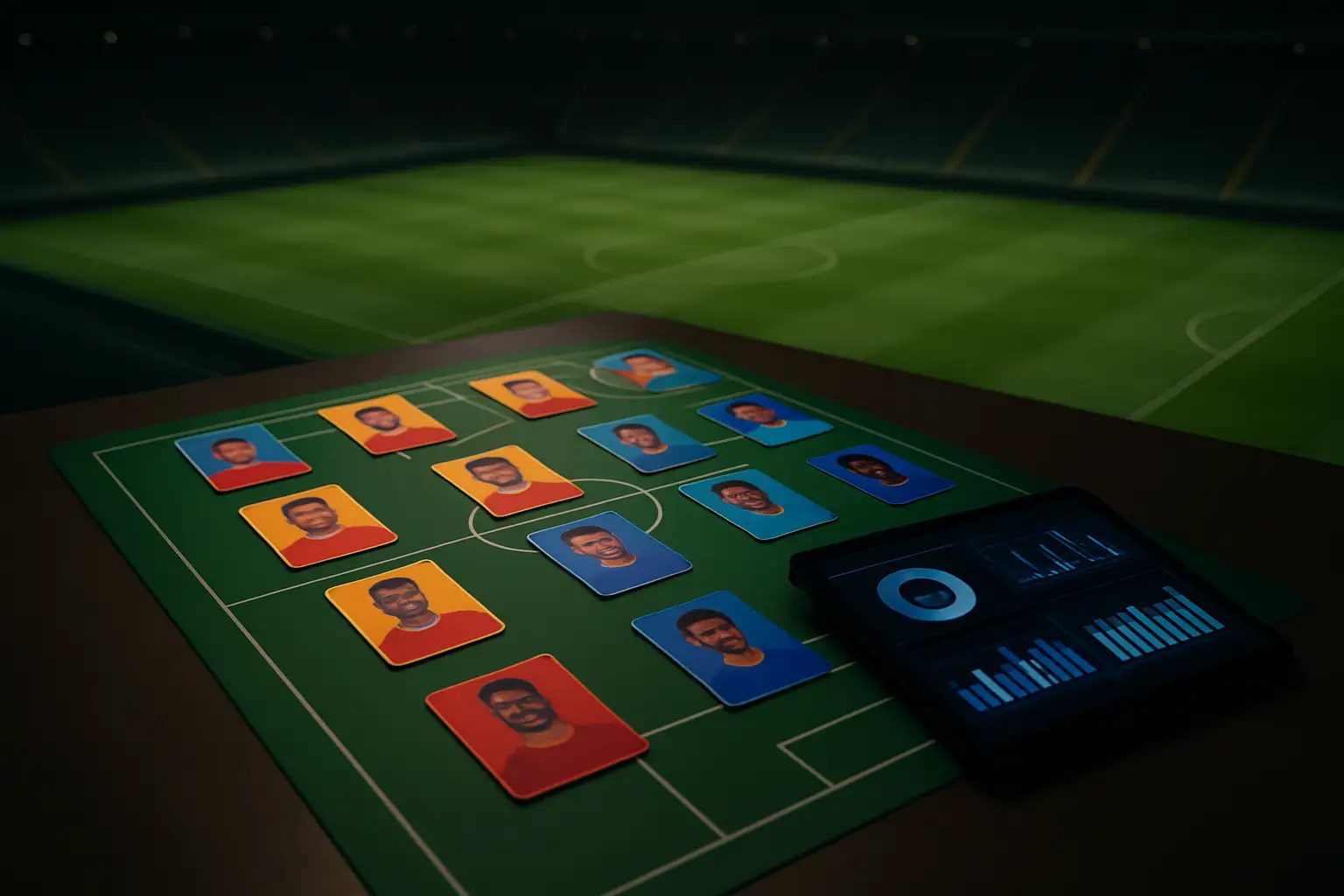 Fantasy football draft board with player cards spread across a table under stadium lighting