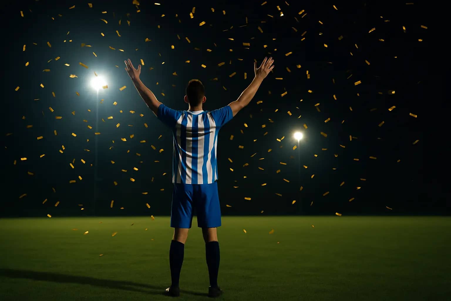 A football player lifting a golden trophy under stadium floodlights with confetti falling