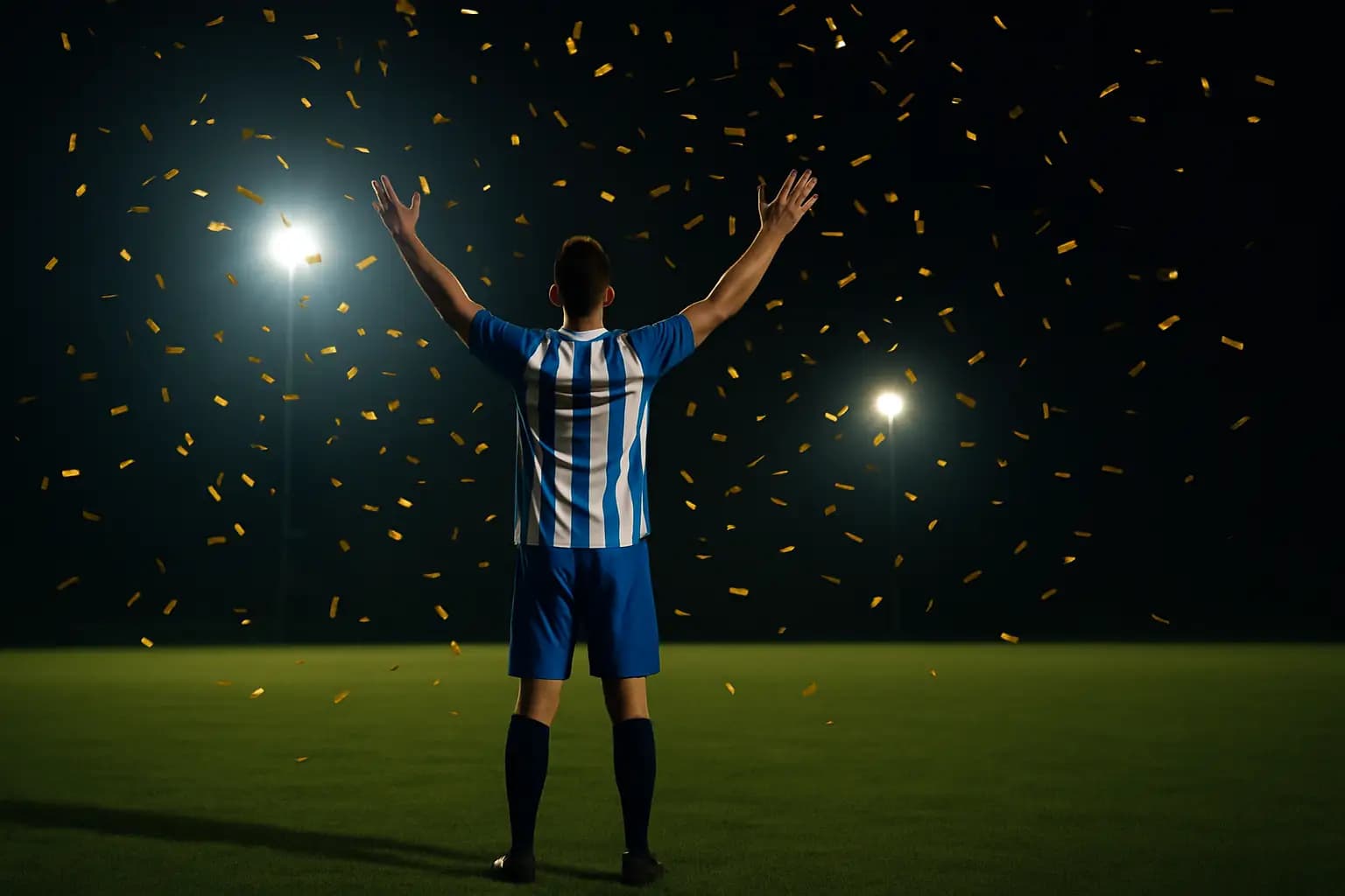 A football player lifting a golden trophy under stadium floodlights with confetti falling