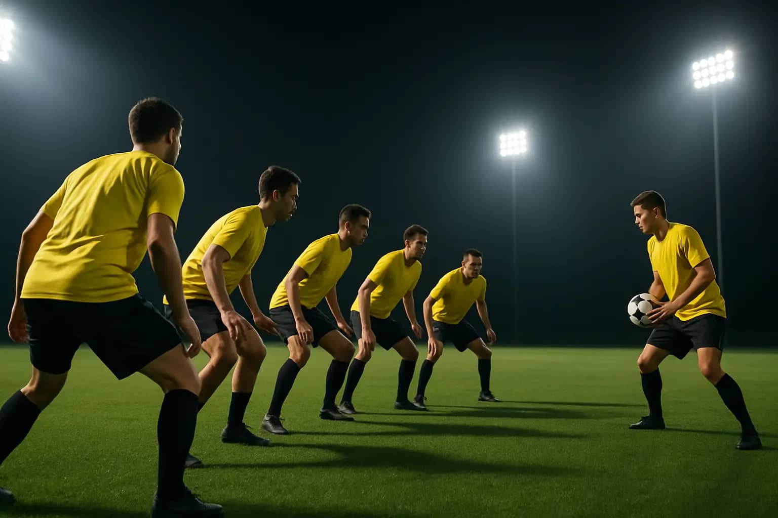 Australian soccer players training on a pitch under floodlights at night