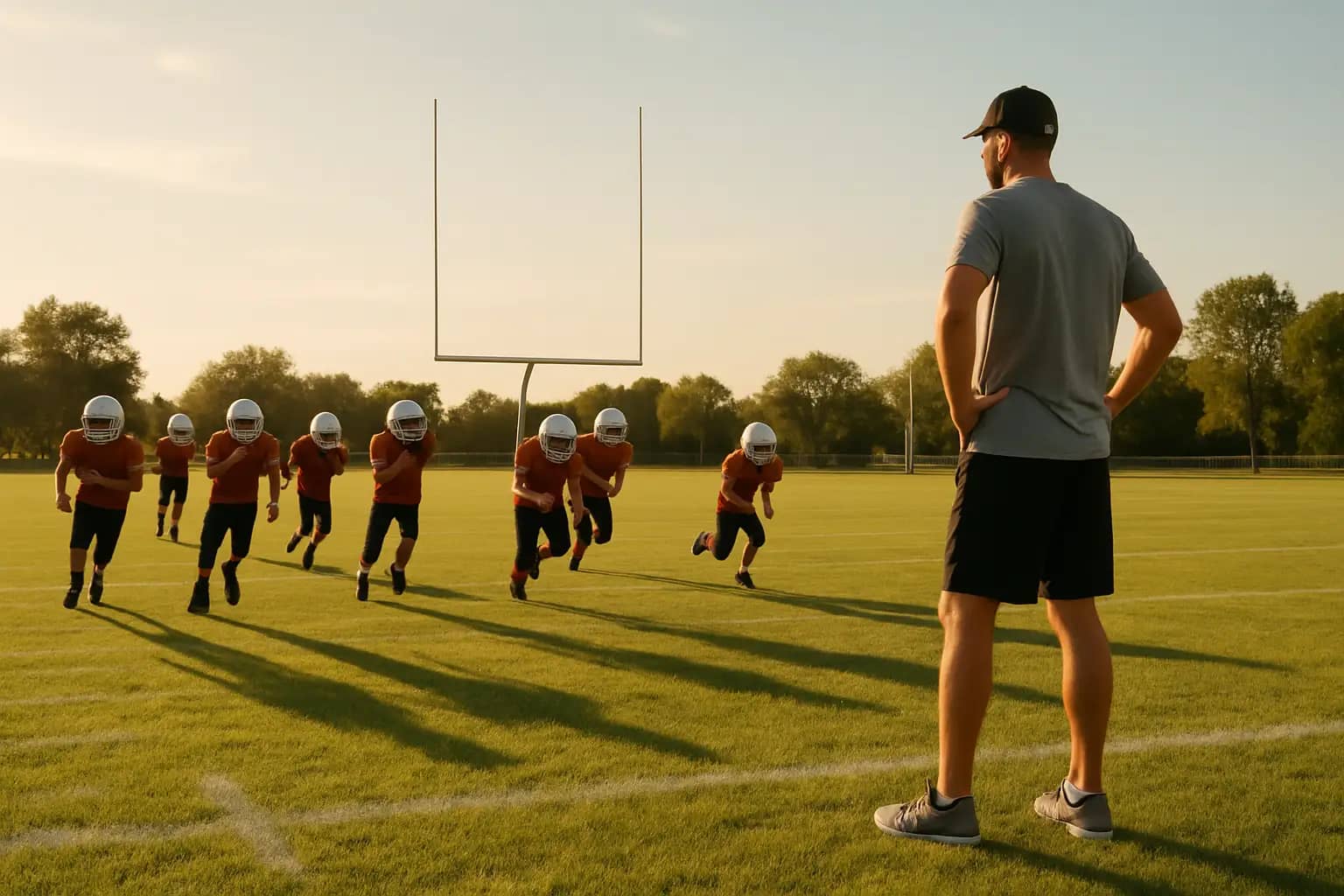Young football players practicing drills on a green field with a coach watching nearby