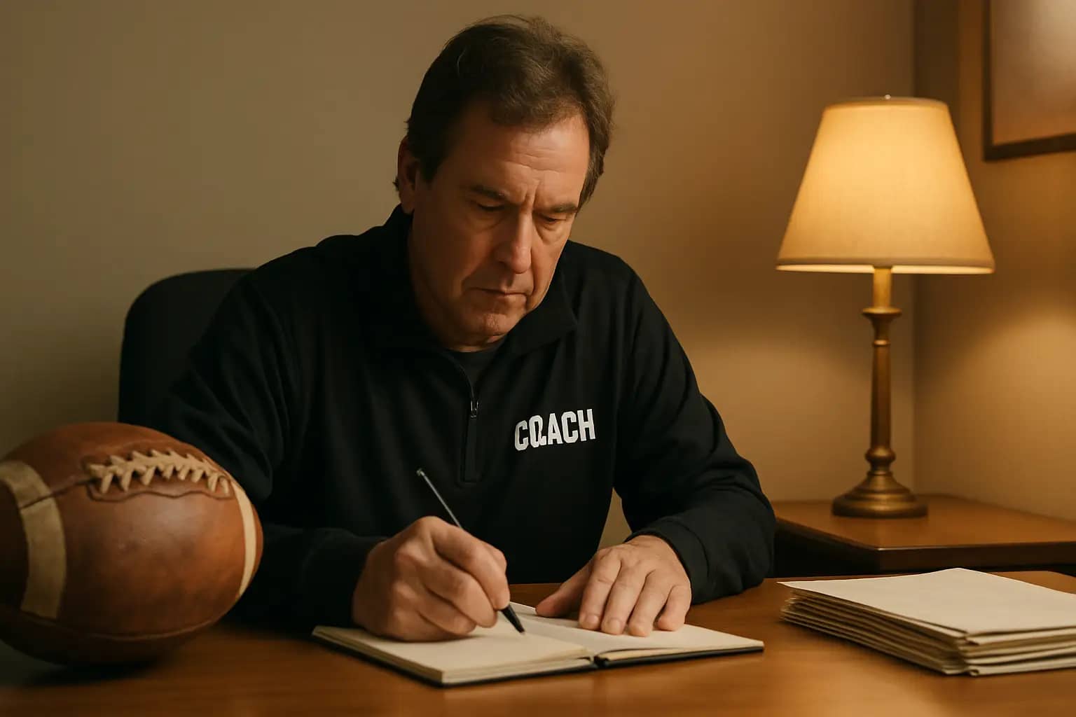 A football coach writing notes at a desk with a football and playbook nearby